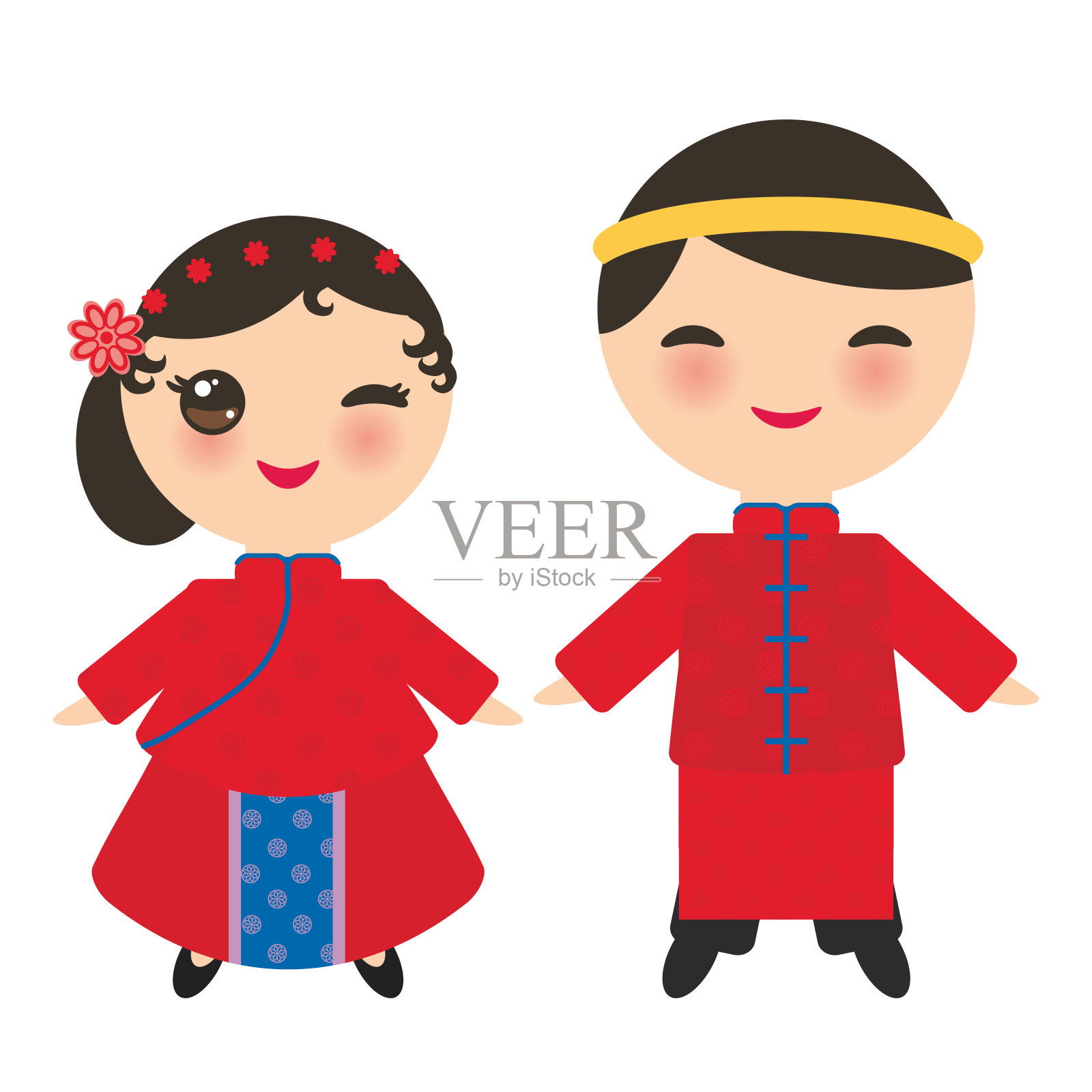 中国男孩和女孩穿着民族服装和帽子。卡通儿童穿着中国传统服装。孤立在白色背景上。向量设计元素图片