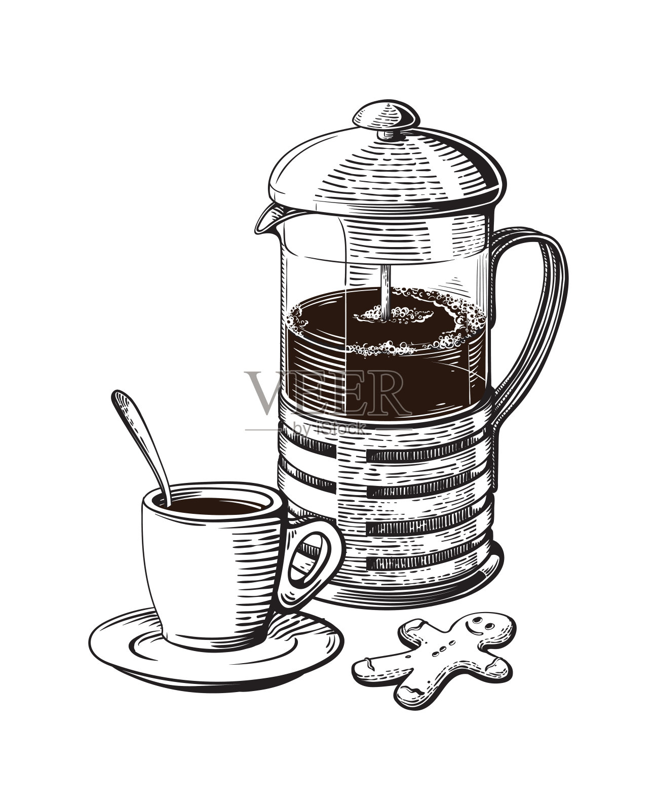 法国媒体。咖啡杯配烤咖啡豆插画图片素材