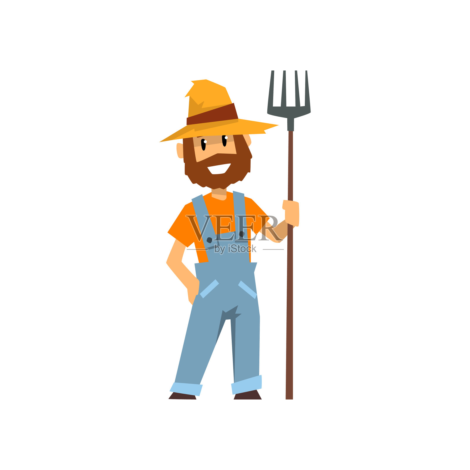 男性农民与干草叉，农场工人与园艺工具矢量插图在白色的背景插画图片素材