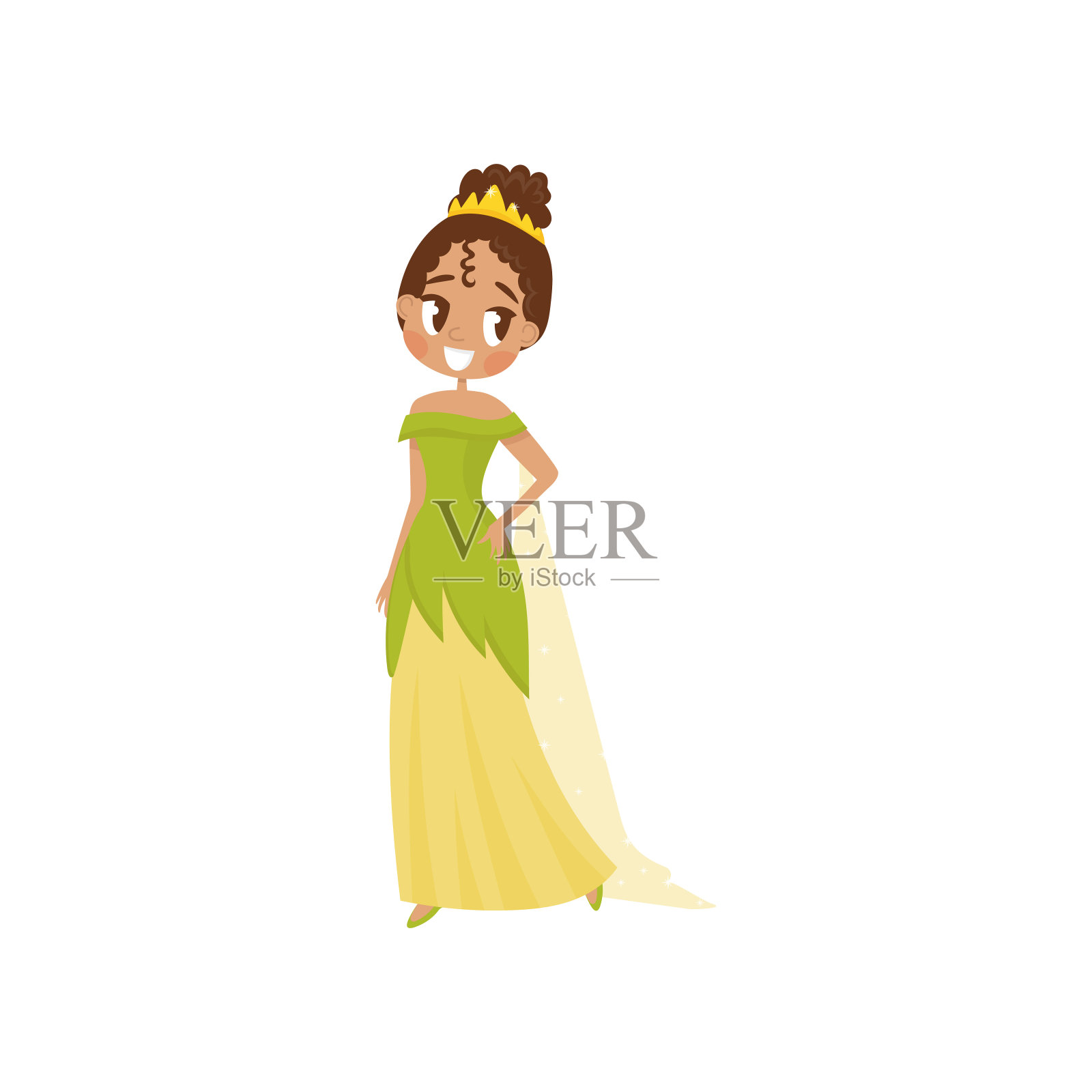 美丽的小公主在绿色和皇冠矢量插图在白色的背景设计元素图片