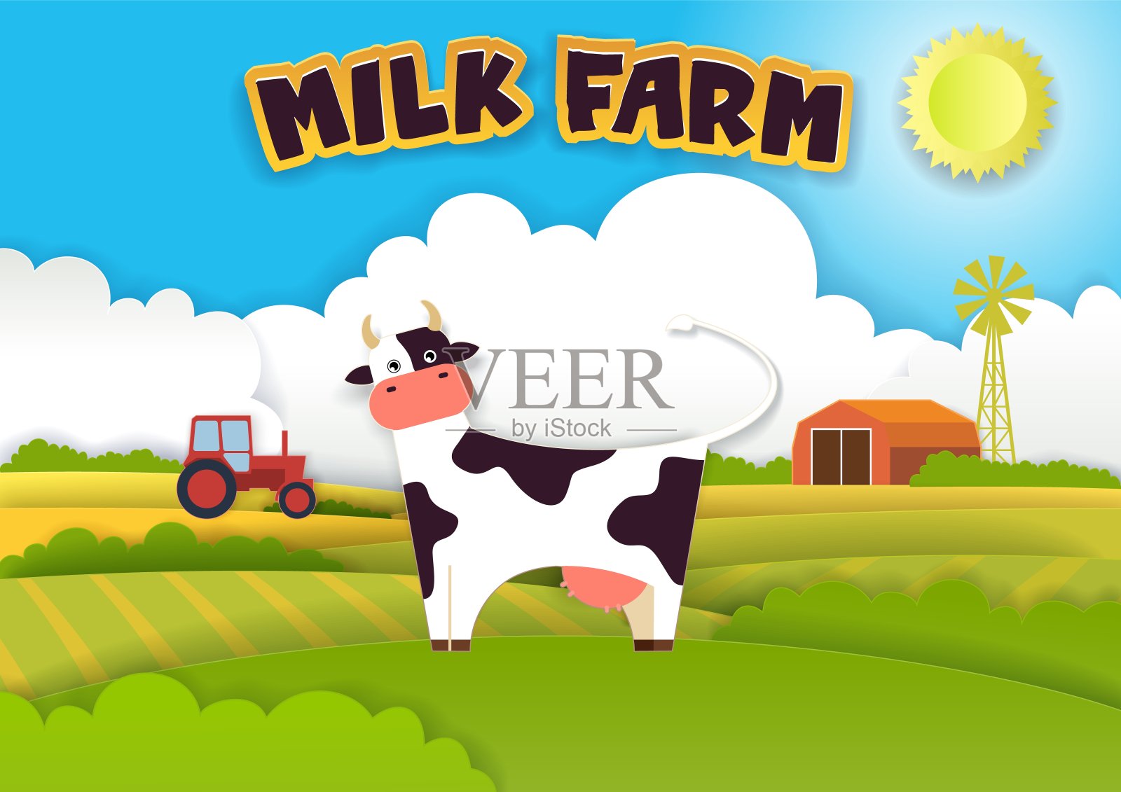 牛奶农场矢量插图在现代纸艺术风格插画图片素材