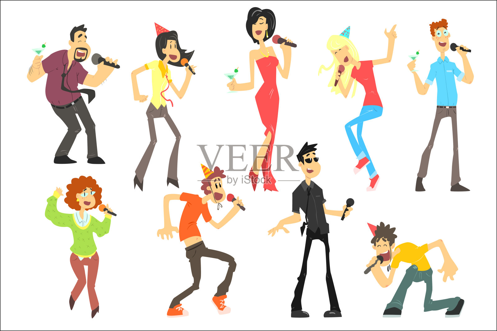 男人和女人唱卡拉ok麦克风设置，卡拉ok歌手矢量插图在白色的背景插画图片素材