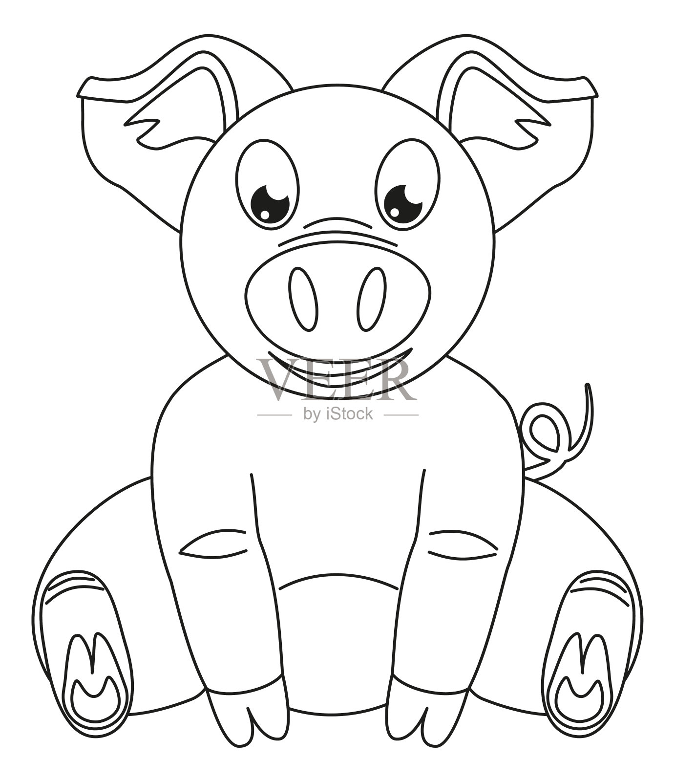 线条艺术黑白快乐坐猪插画图片素材