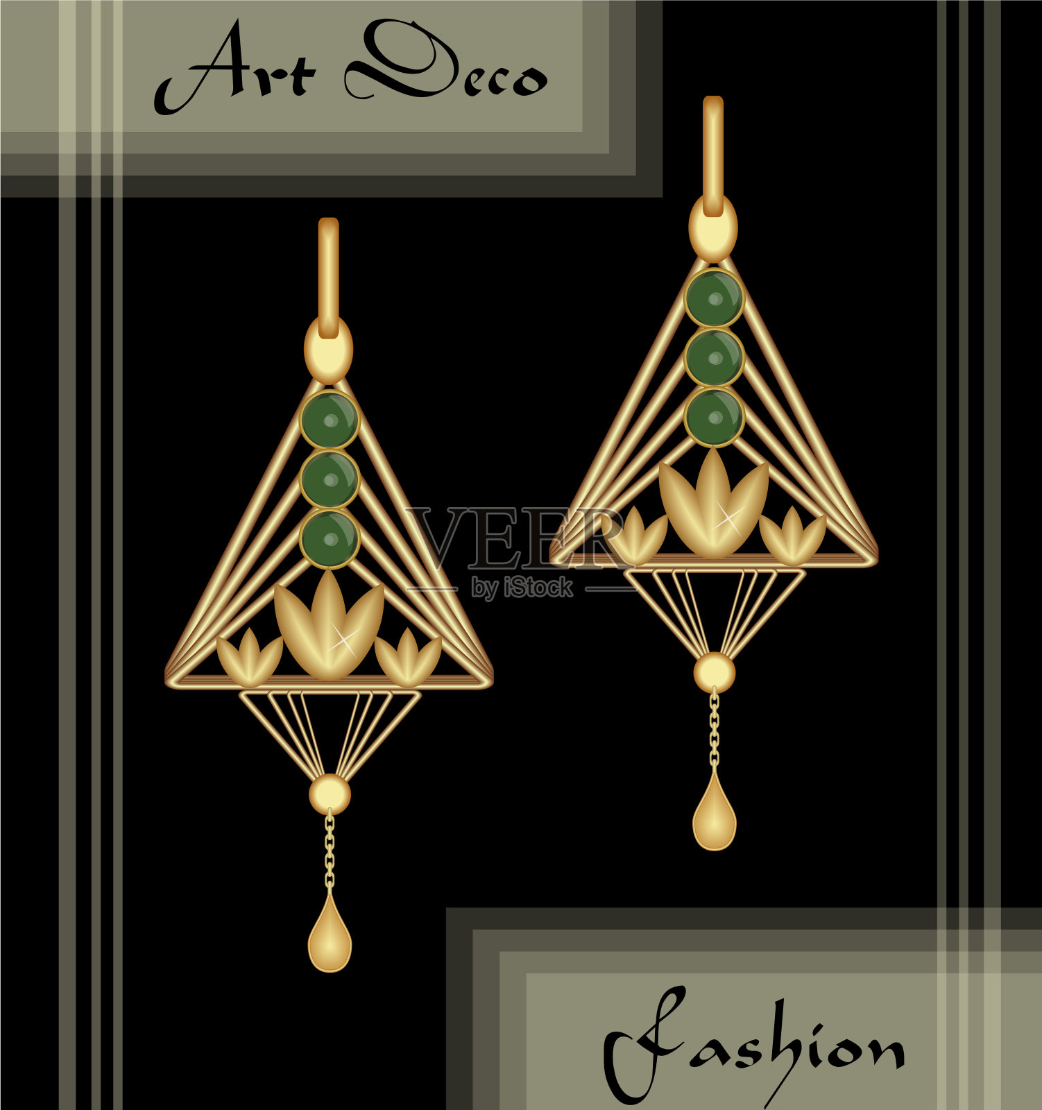奢华的艺术装饰金丝耳环，绿宝石，古色古香的黄金首饰，时尚的维多利亚风格插画图片素材