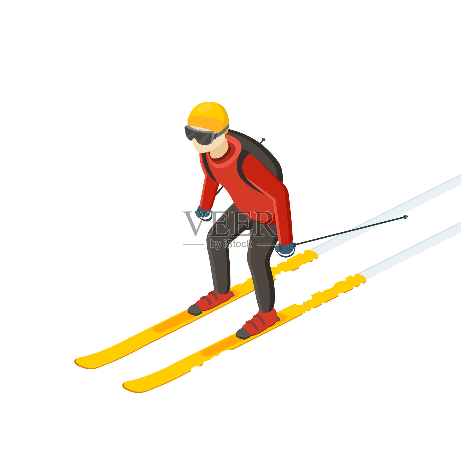 滑雪运动。穿着红色夹克和全套运动装备的男人。设计元素图片