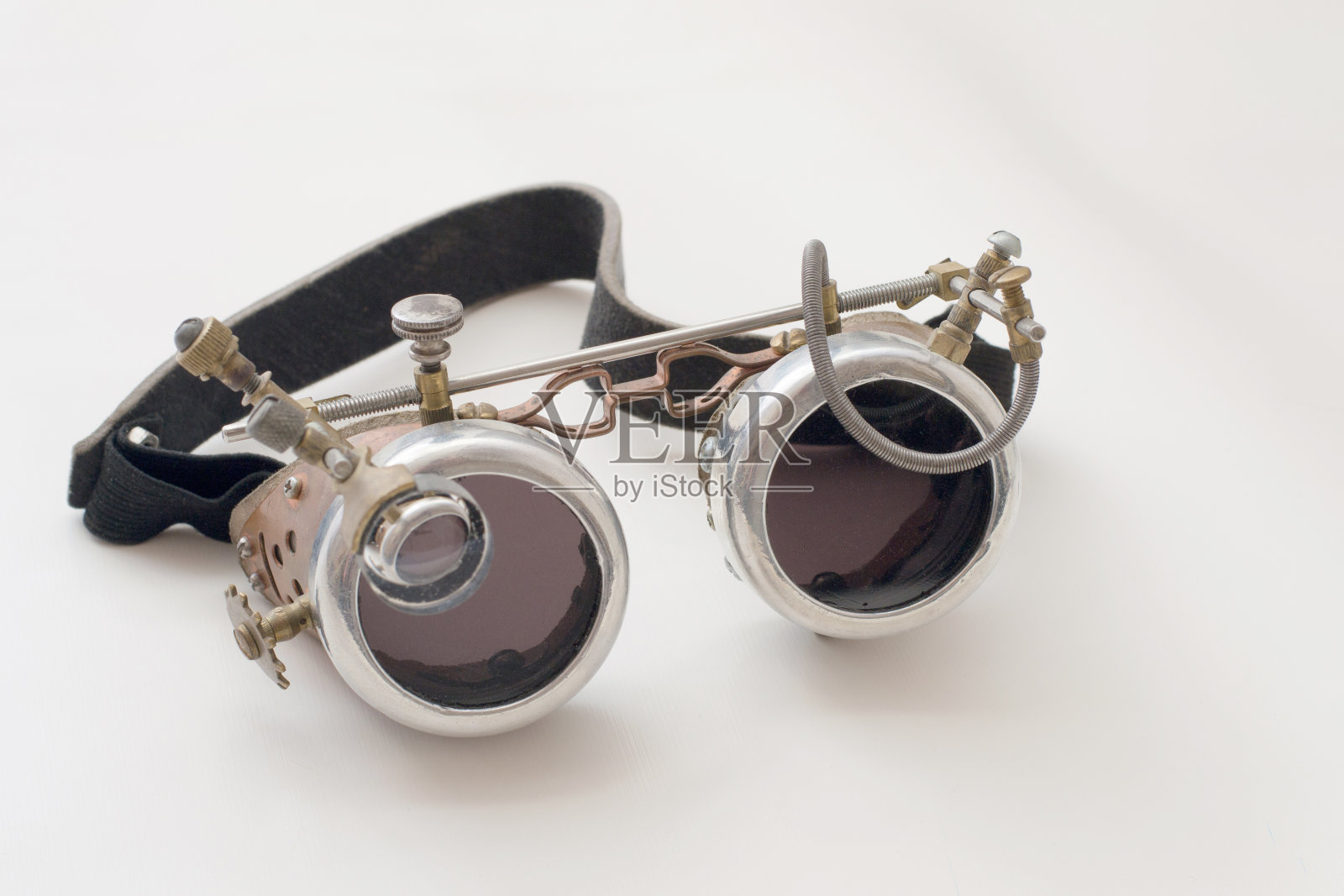 金属蒸汽朋克眼镜，谷歌白色背景，特写照片摄影图片