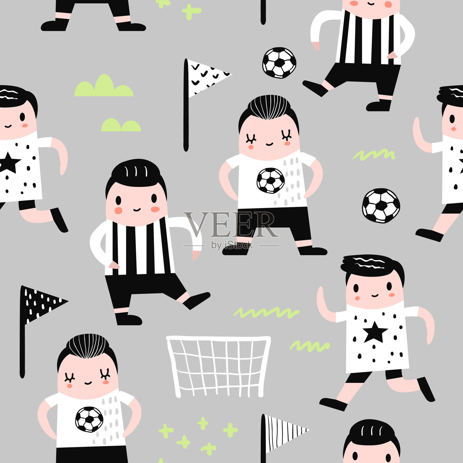 童稚无缝模式与男孩足球运动员。儿童背景与有趣的足球男孩织物，印刷，包装，墙纸。矢量图插画图片素材
