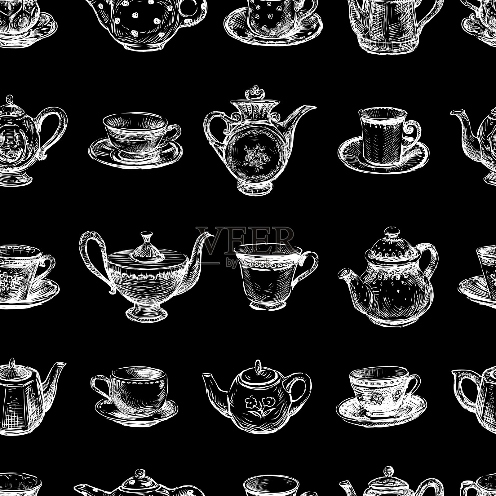 无缝的背景绘制茶杯和茶壶插画图片素材
