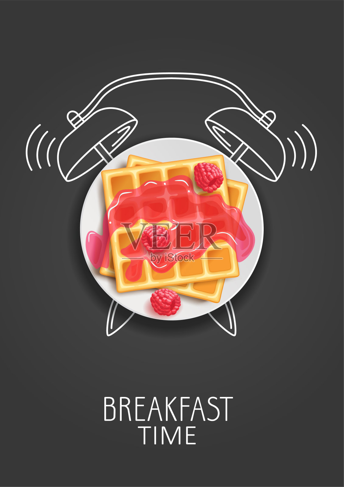 早餐时间。逼真的华夫饼、果酱、新鲜的树莓和彩绘闹钟。的概念。矢量插图。插画图片素材