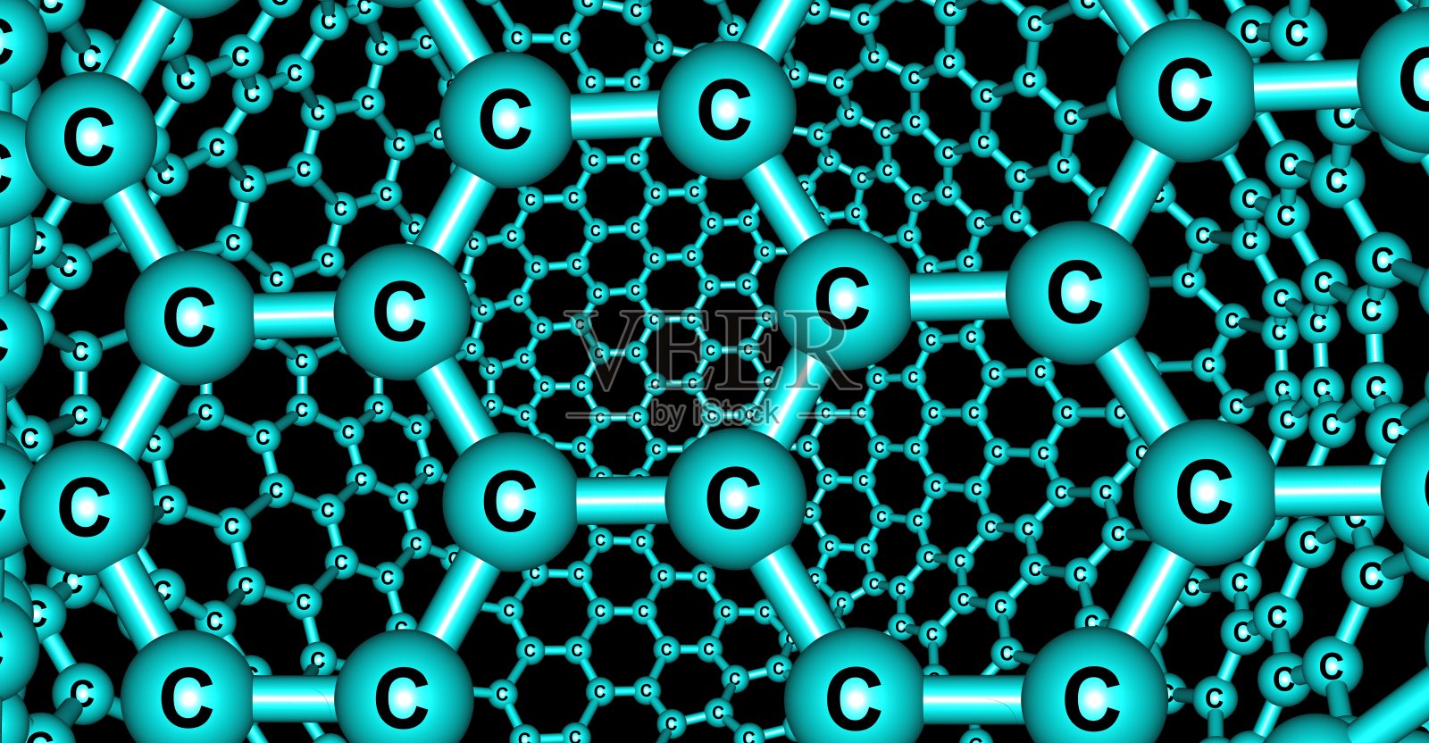 类石墨烯分子结构孤立在黑色背景上照片摄影图片