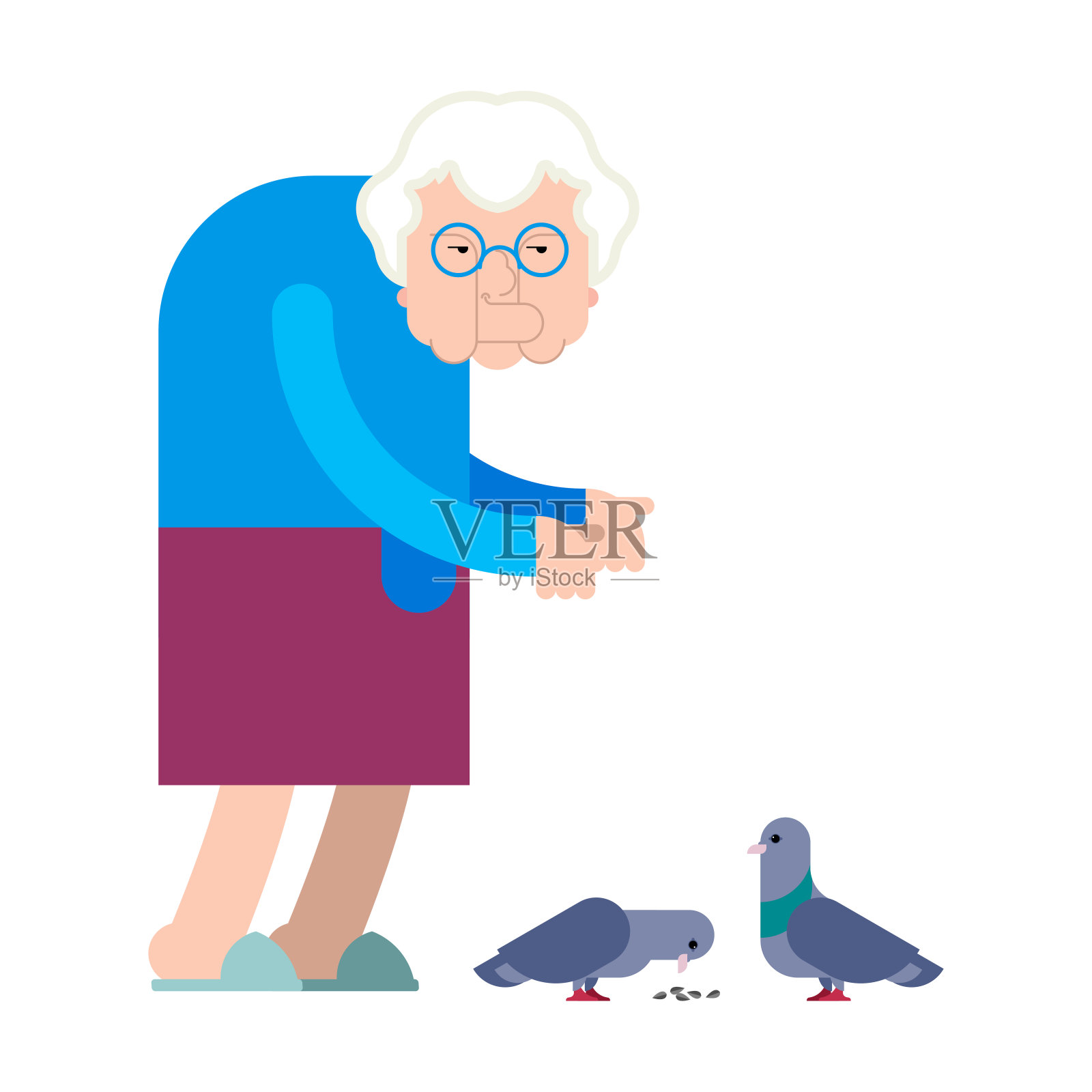 奶奶喂鸽子。奶奶和鸽子善良的老太太和鸟。矢量图插画图片素材