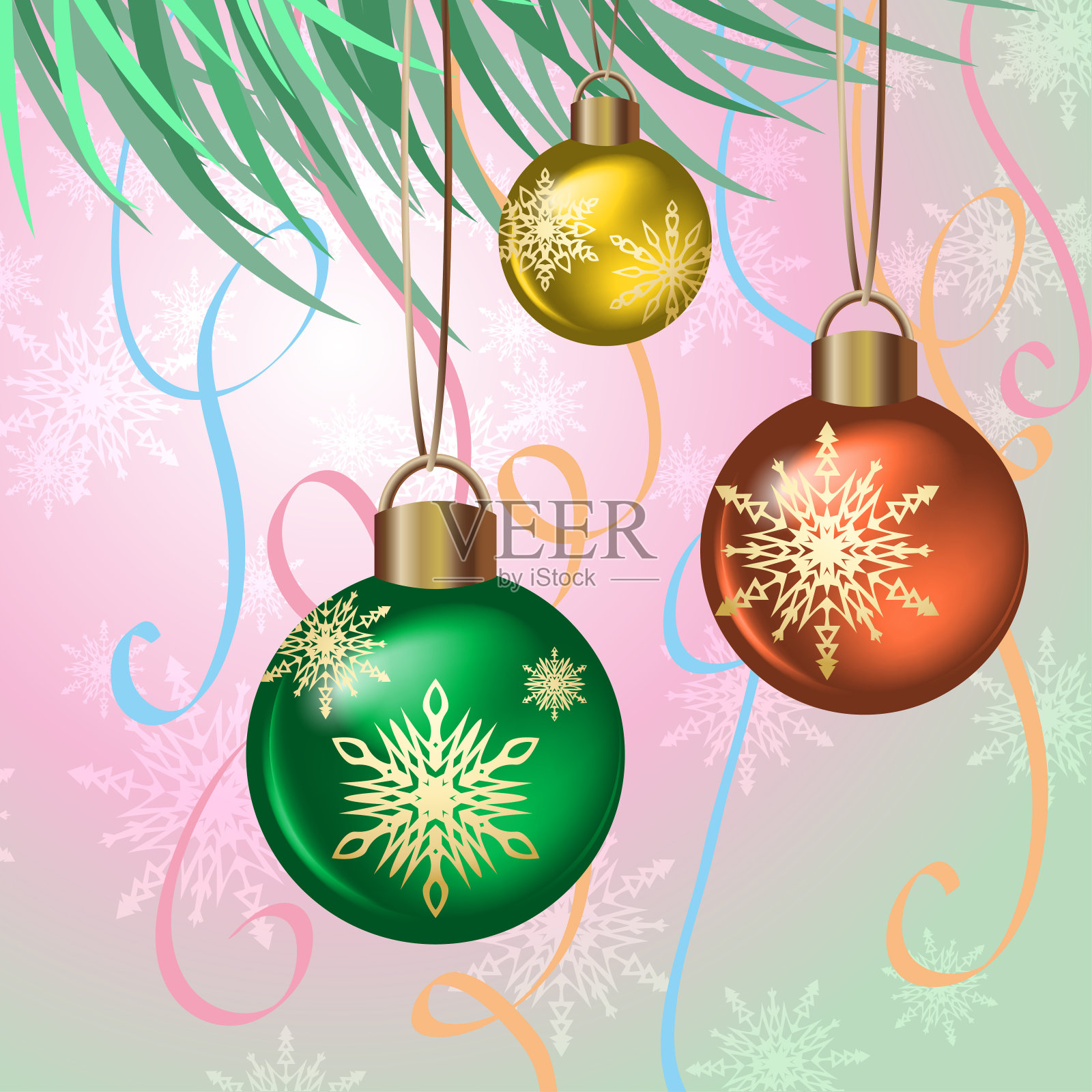在新年前夕挂有针和玩具的圣诞树的树枝。向量插画图片素材