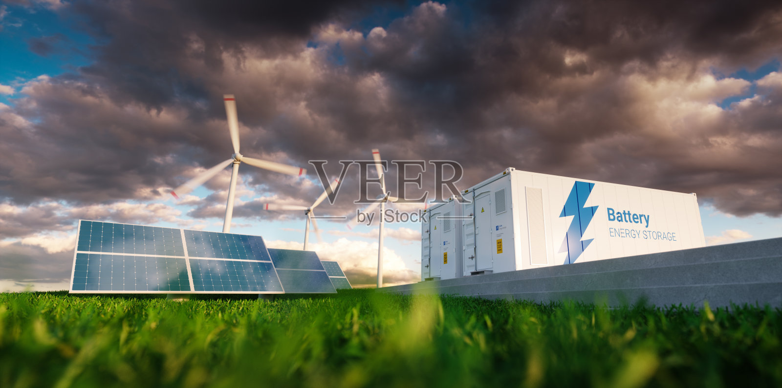 储能系统的概念。可再生能源-光伏，风力涡轮机和锂离子电池容器在新鲜的自然。3 d渲染。照片摄影图片