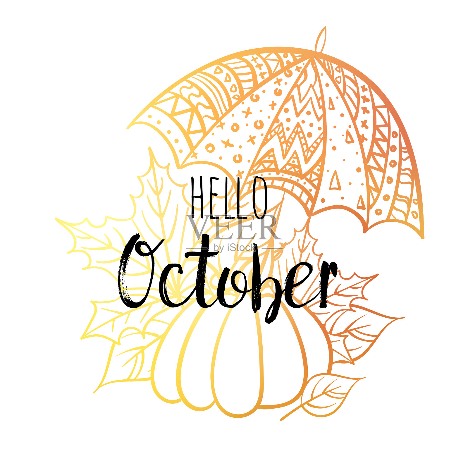 你好十月海报与伞，南瓜和树叶。动机打印日历，滑翔机，邀请卡，小册子，海报，t恤。插画图片素材