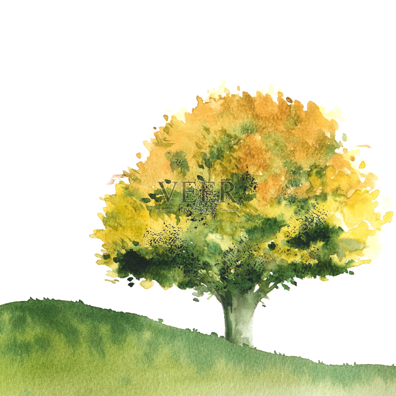 山上有一棵绿色和黄色的树。插画图片素材