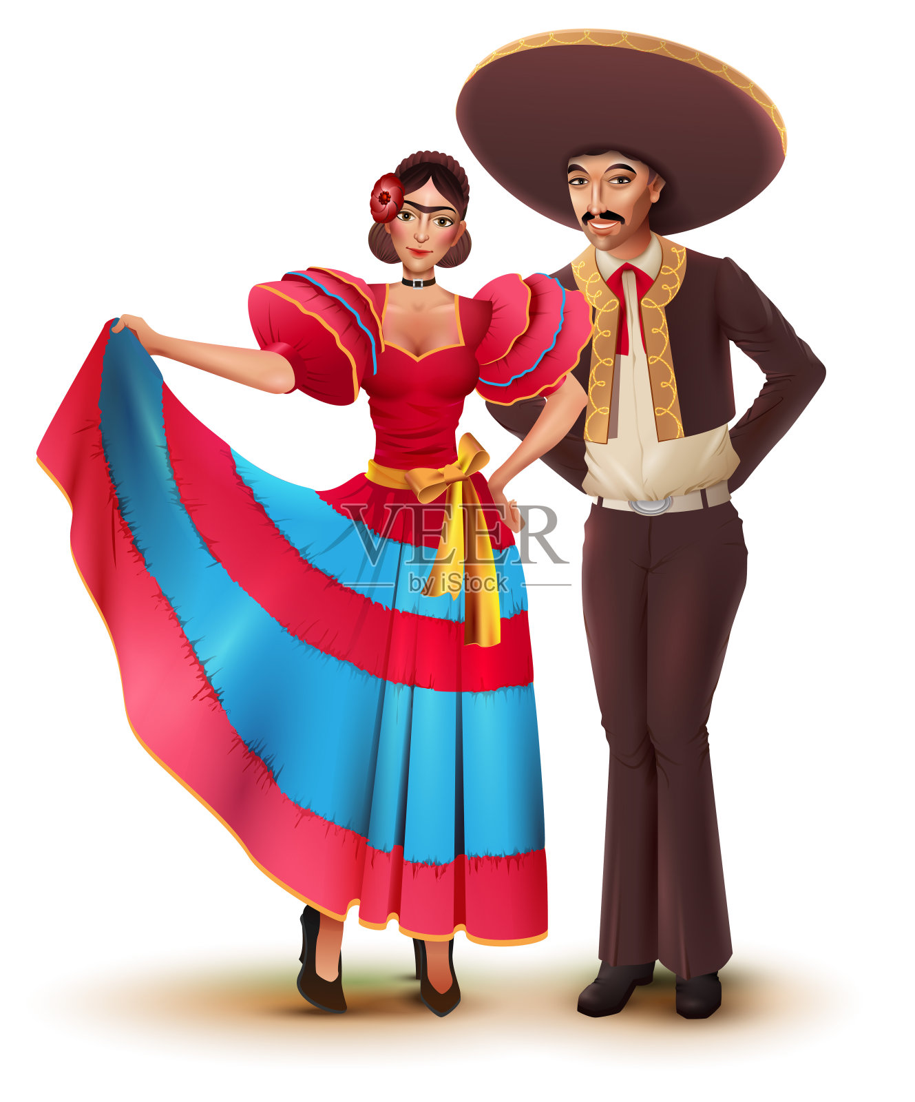 年轻男女穿着墨西哥民族传统服装插画图片素材