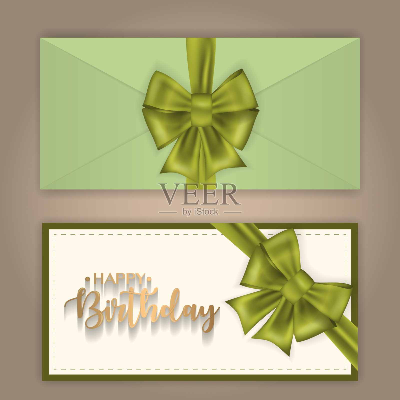 用蝴蝶结和丝带装饰的生日问候信封。设计模板素材