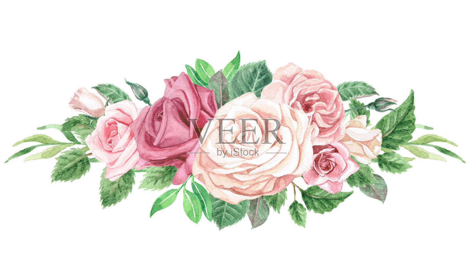 水彩绿叶和玫瑰花束插画图片素材