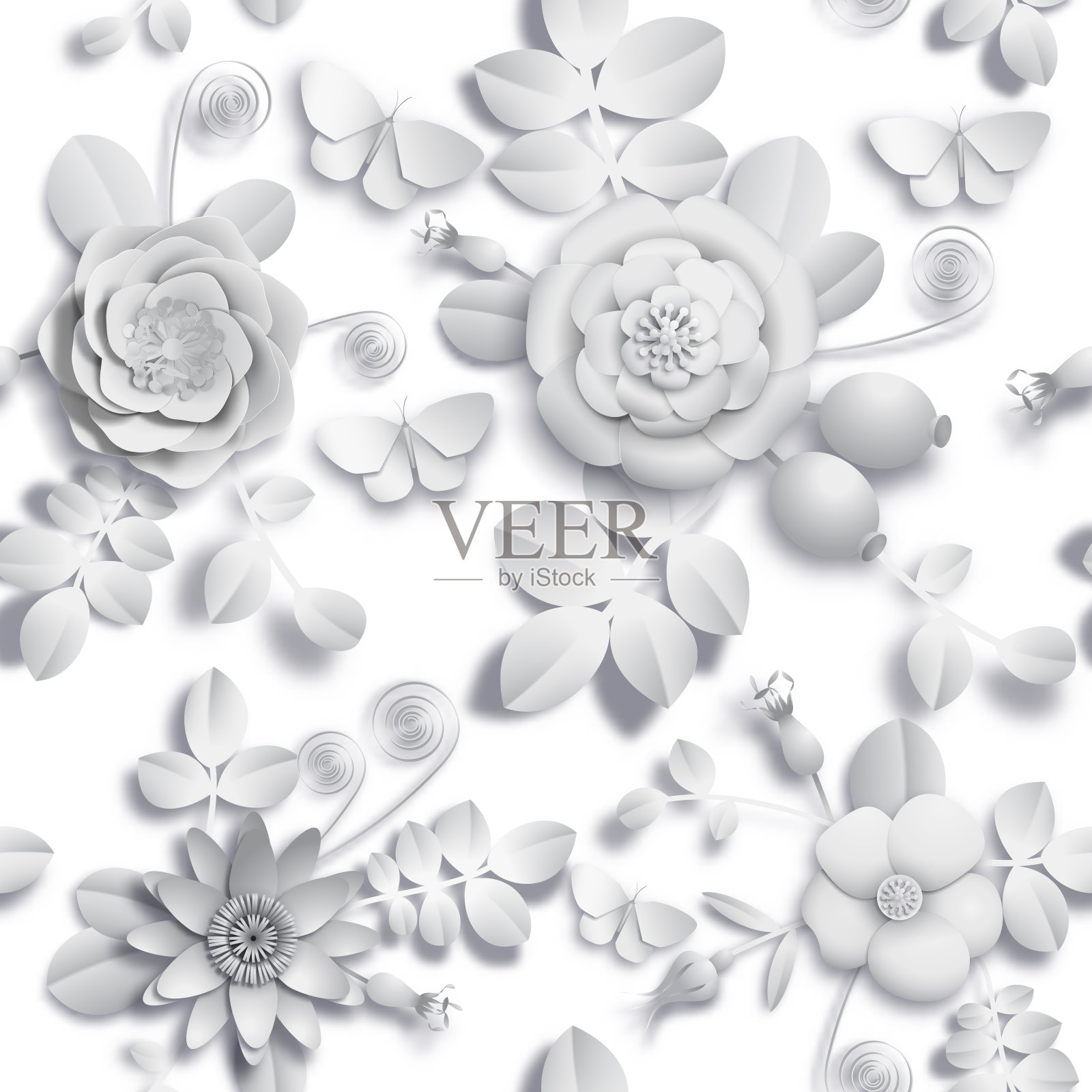 纸工艺3D野玫瑰花，玫瑰果和蝴蝶无缝图案。矢量插图原图插画图片素材