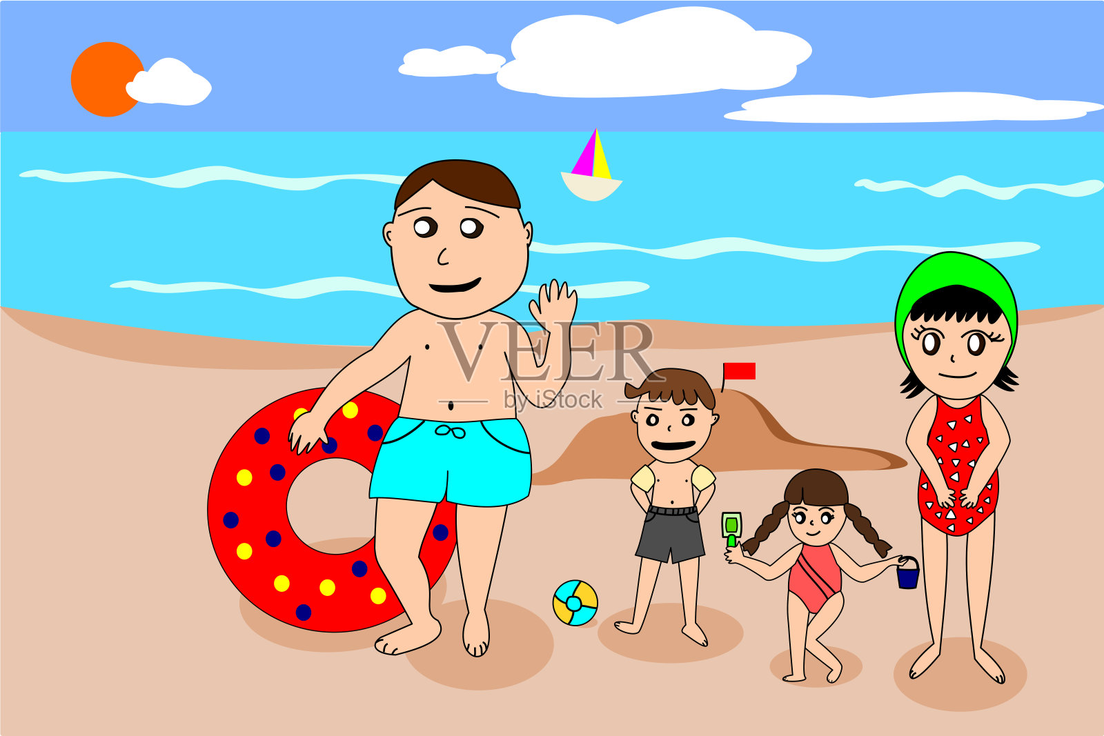 家人在海滩上度假插画图片素材