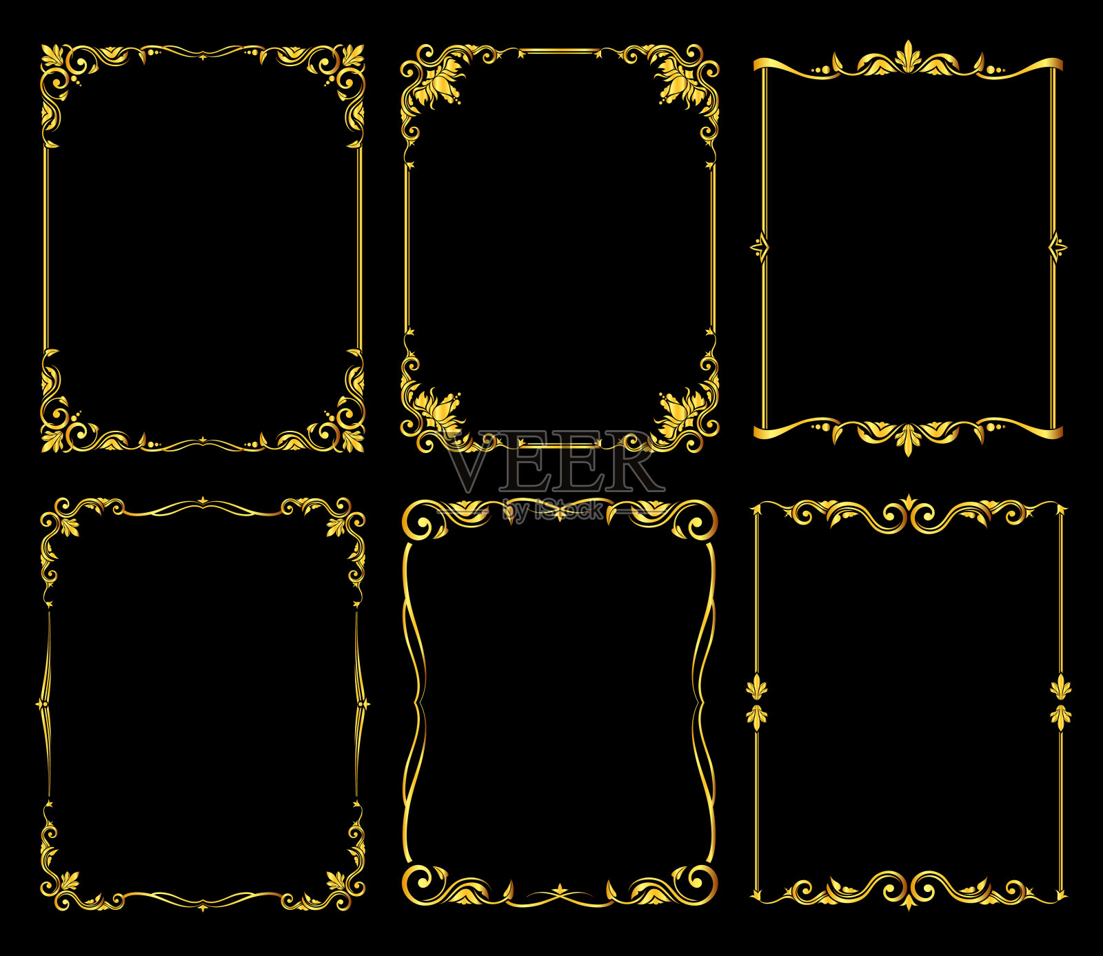 华丽的金色矢量框架设置在黑色的背景插画图片素材