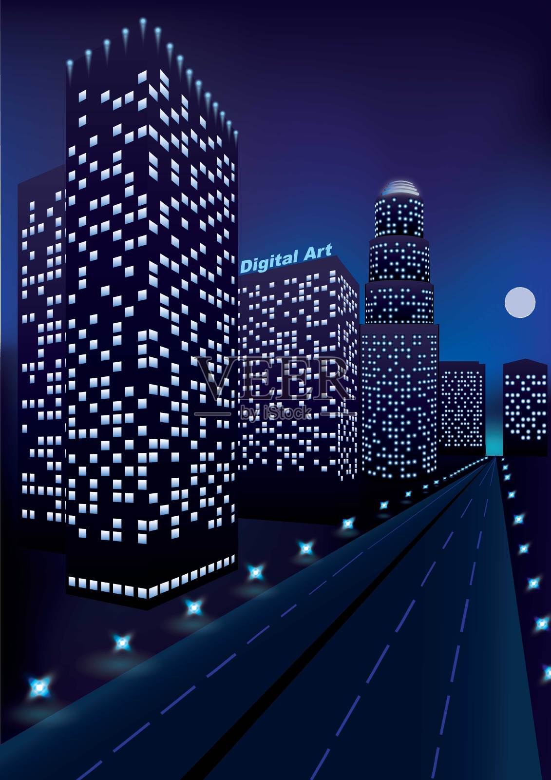 夜晚的城市，高速公路附近的摩天大楼和深蓝色天空中的月亮。插画图片素材