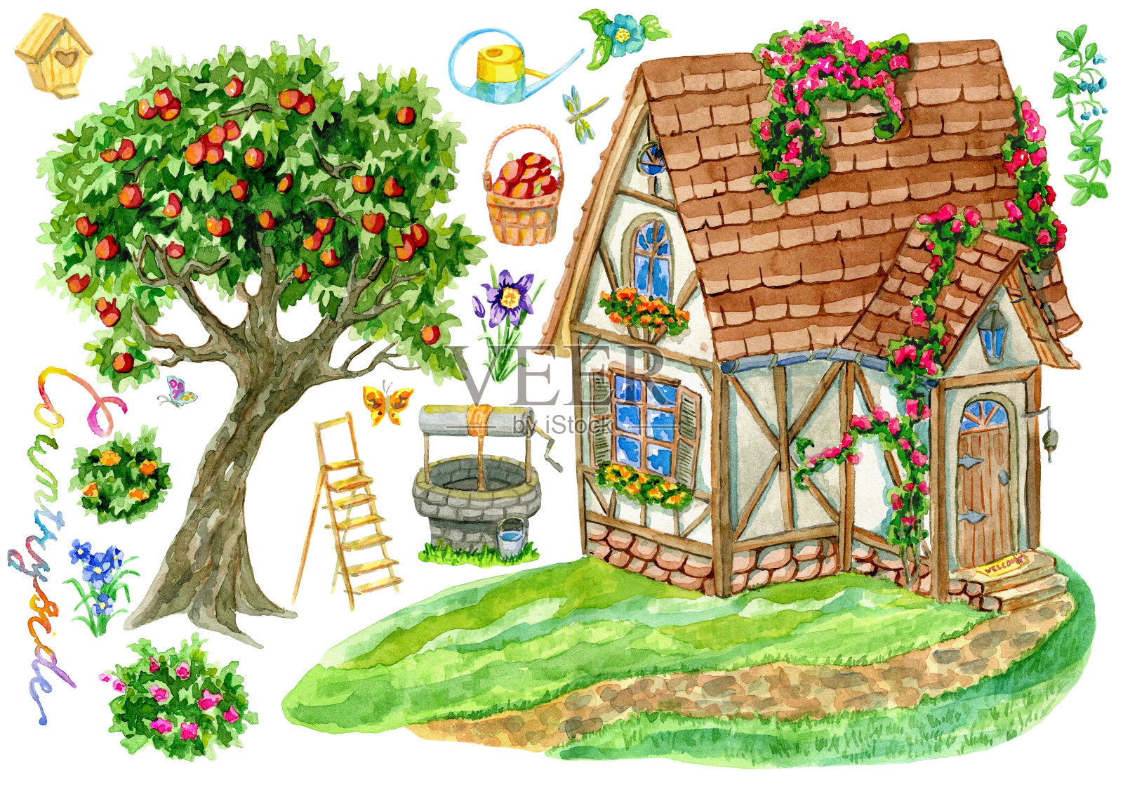 设计集可爱的fachwerk房子，苹果树，老井，花和花园对象孤立在白色插画图片素材
