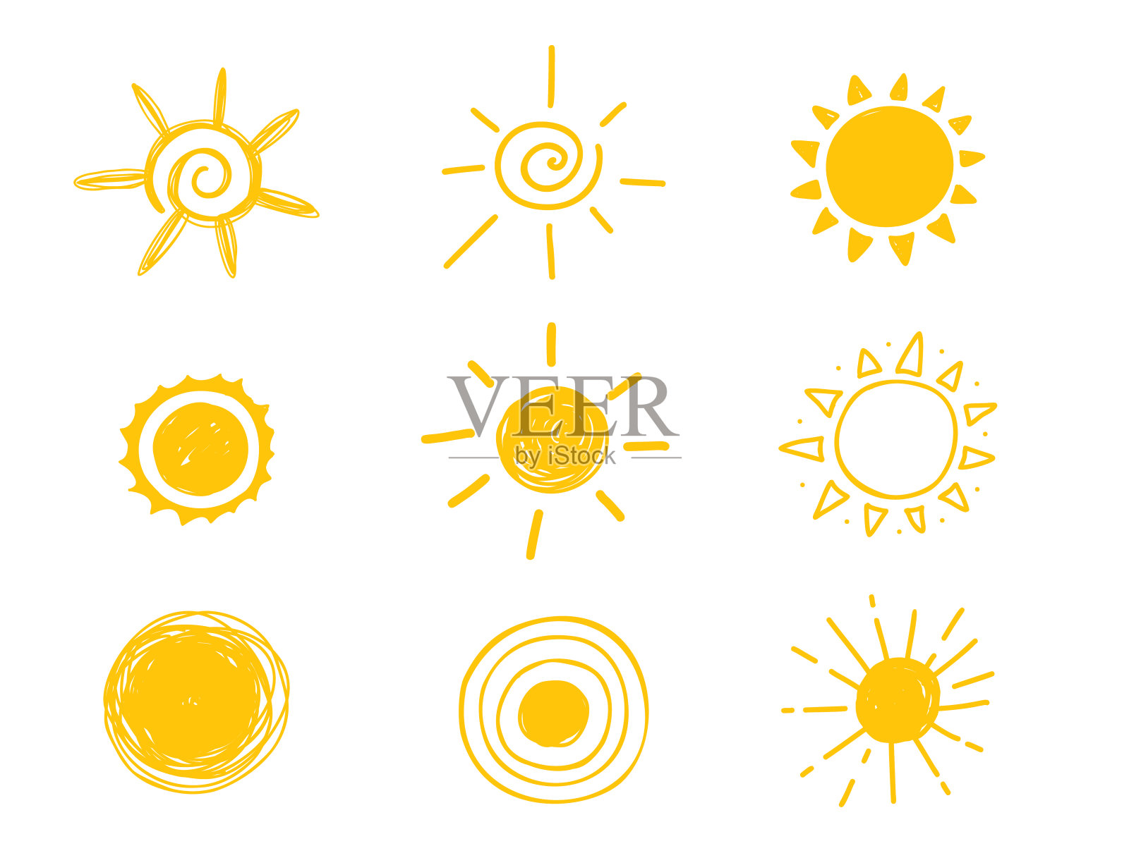 炎热的太阳图标。黄色涂鸦插图孤立在白色背景插画图片素材