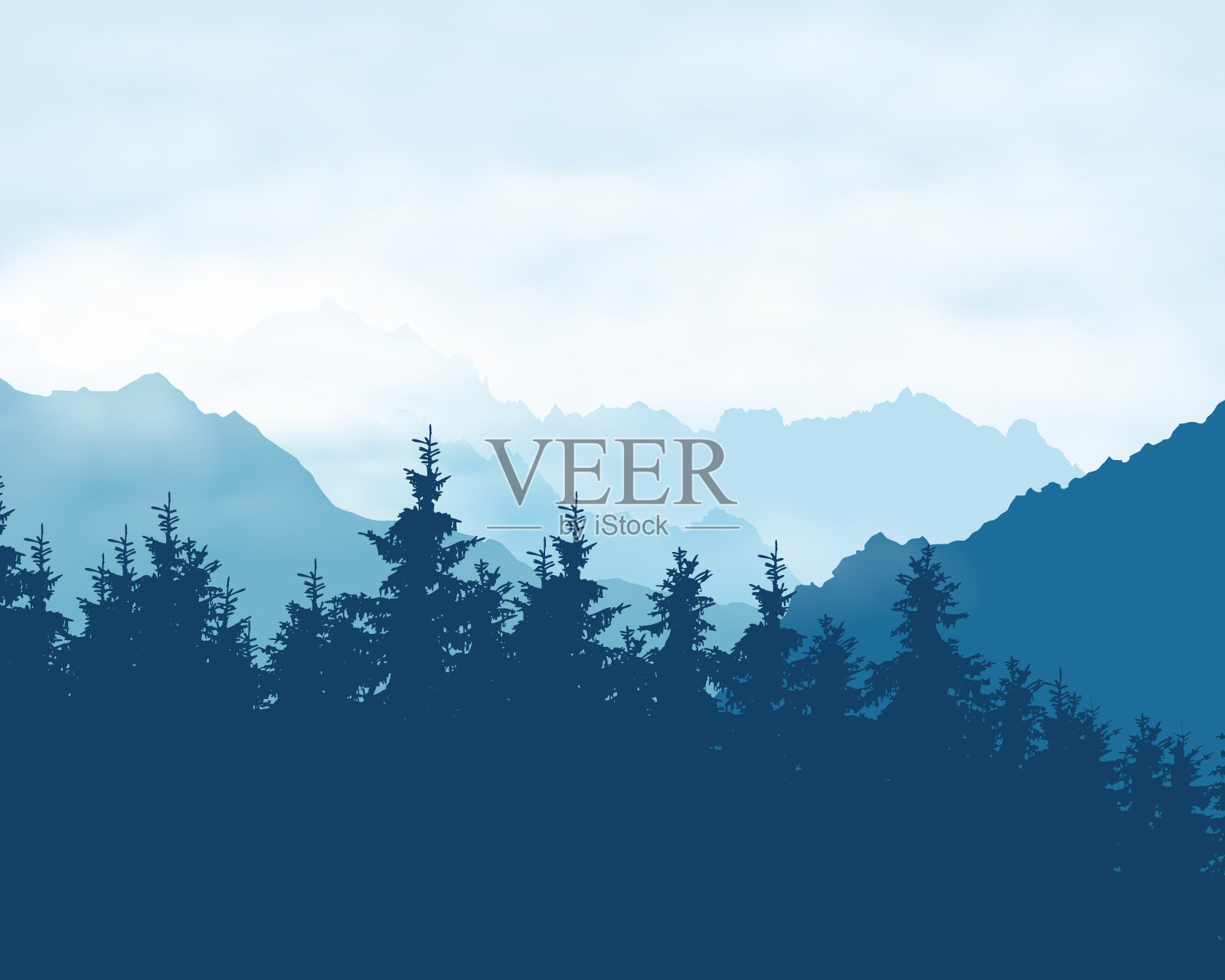 现实的插图，一个针叶林在一个山的景观在霾下的蓝天与云向量插画图片素材