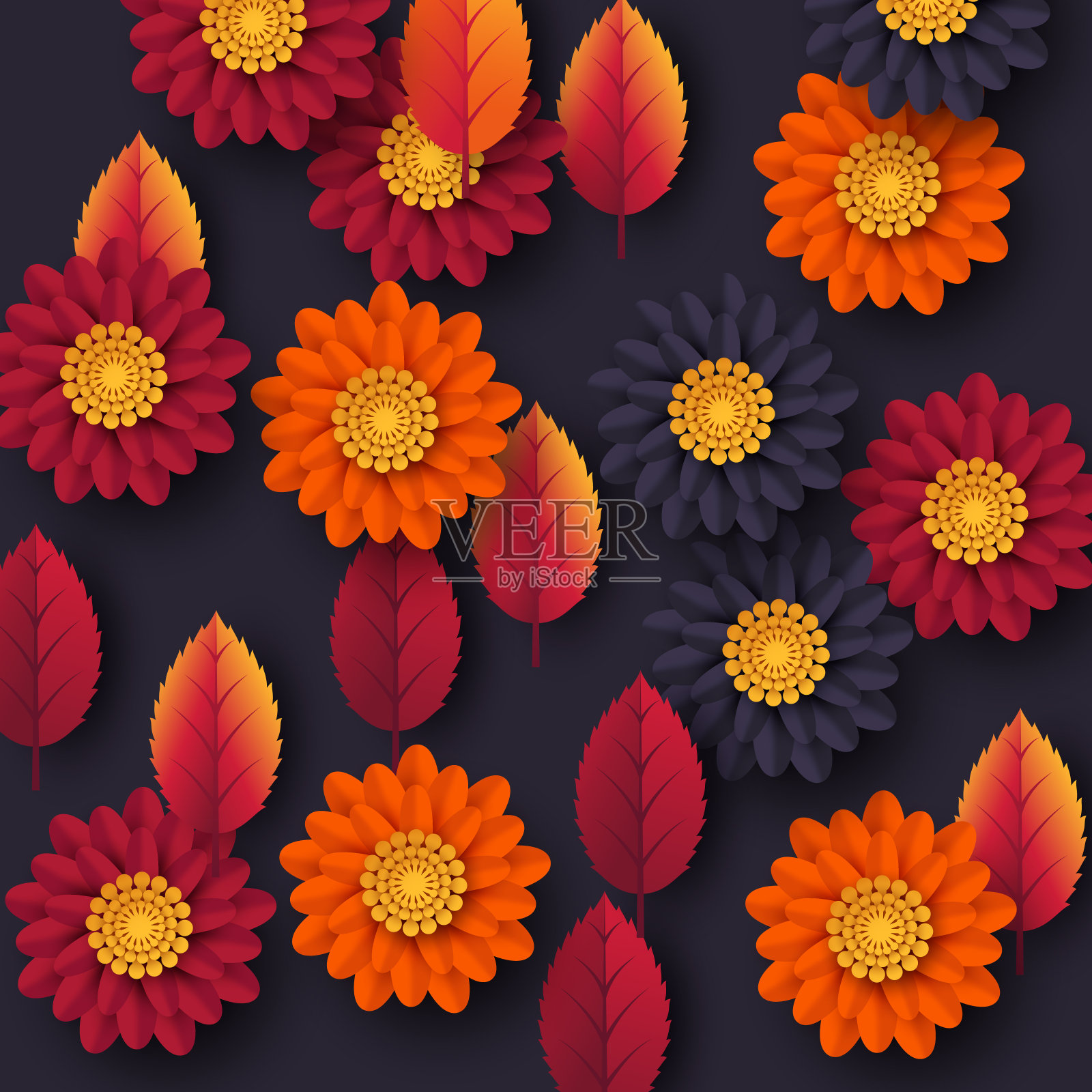 花秋季背景与3d剪纸风格的花和叶。黄色，橙色，紫色，矢量插图。插画图片素材