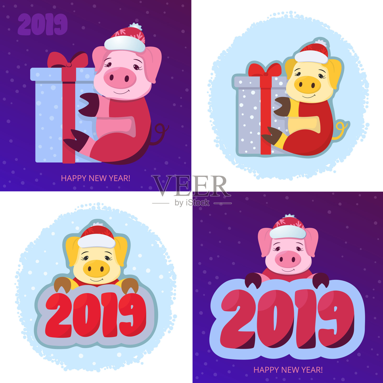 圣诞猪2019集。象征着中国新年。矢量卡通可爱的小猪在圣诞老人的帽子。插图印刷，卡片，横幅插画图片素材