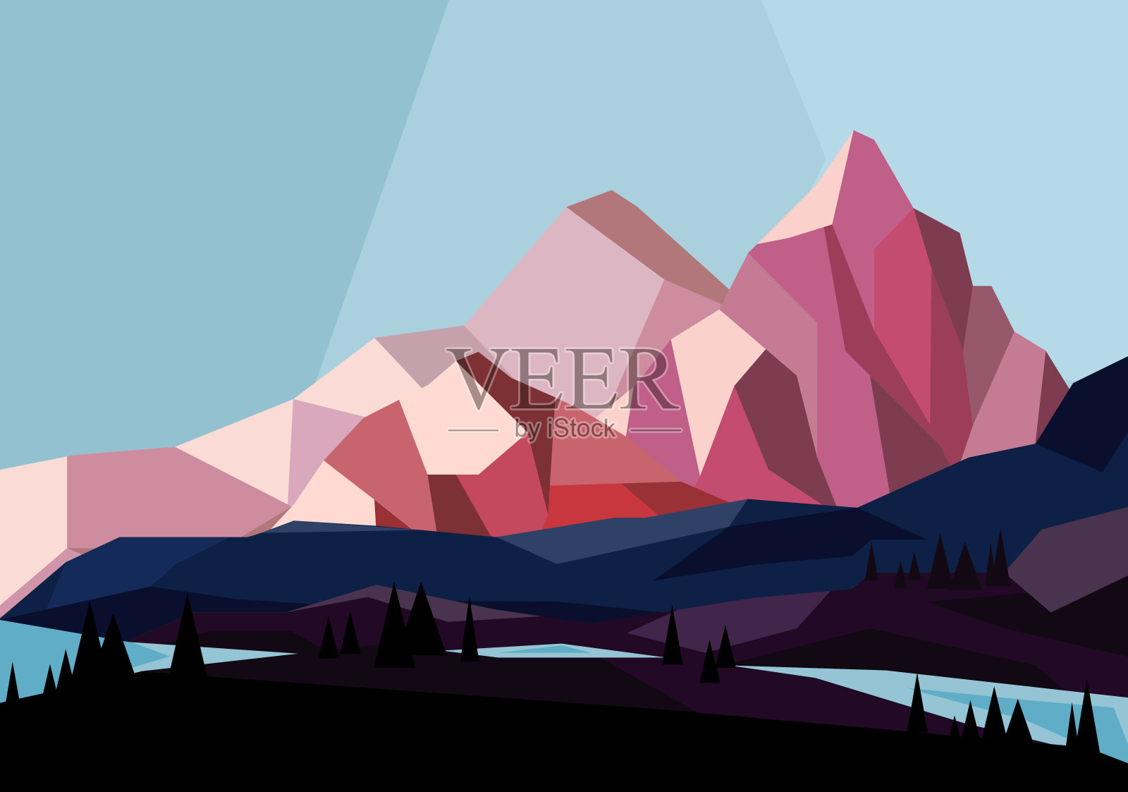 矢量插图美丽的山脉景观在几何风格的粉红色和蓝色的颜色，平面设计。插画图片素材