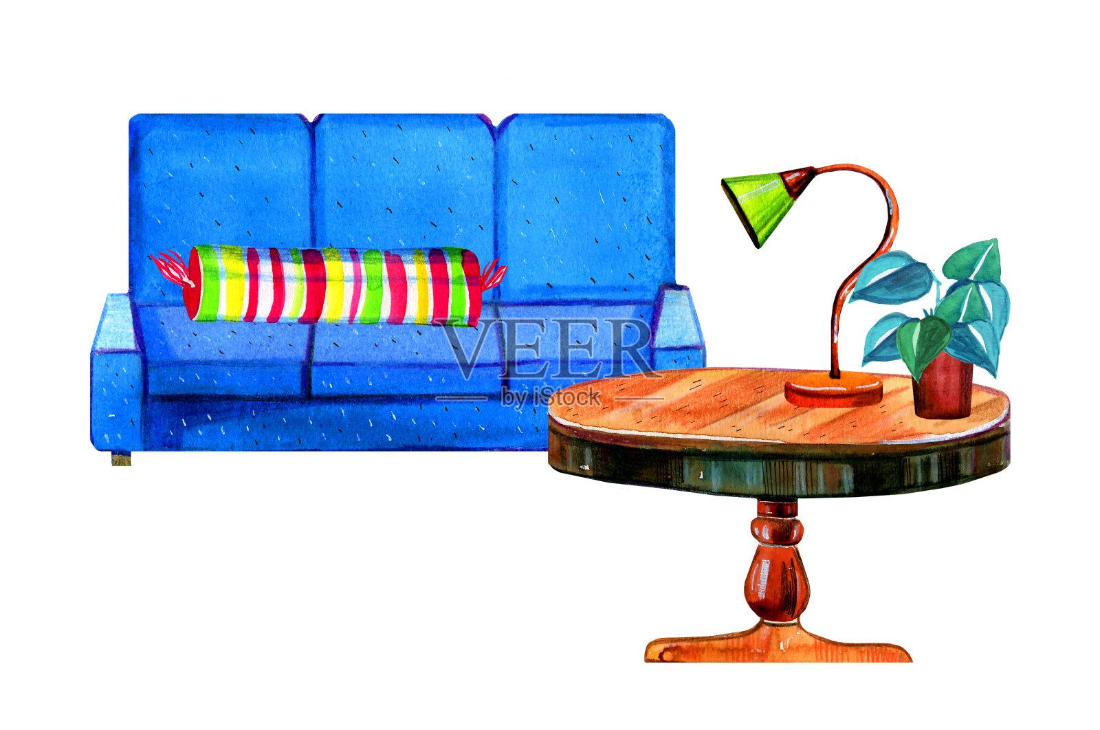手绘水彩室内与程式化的家具。桌子和沙发插画图片素材