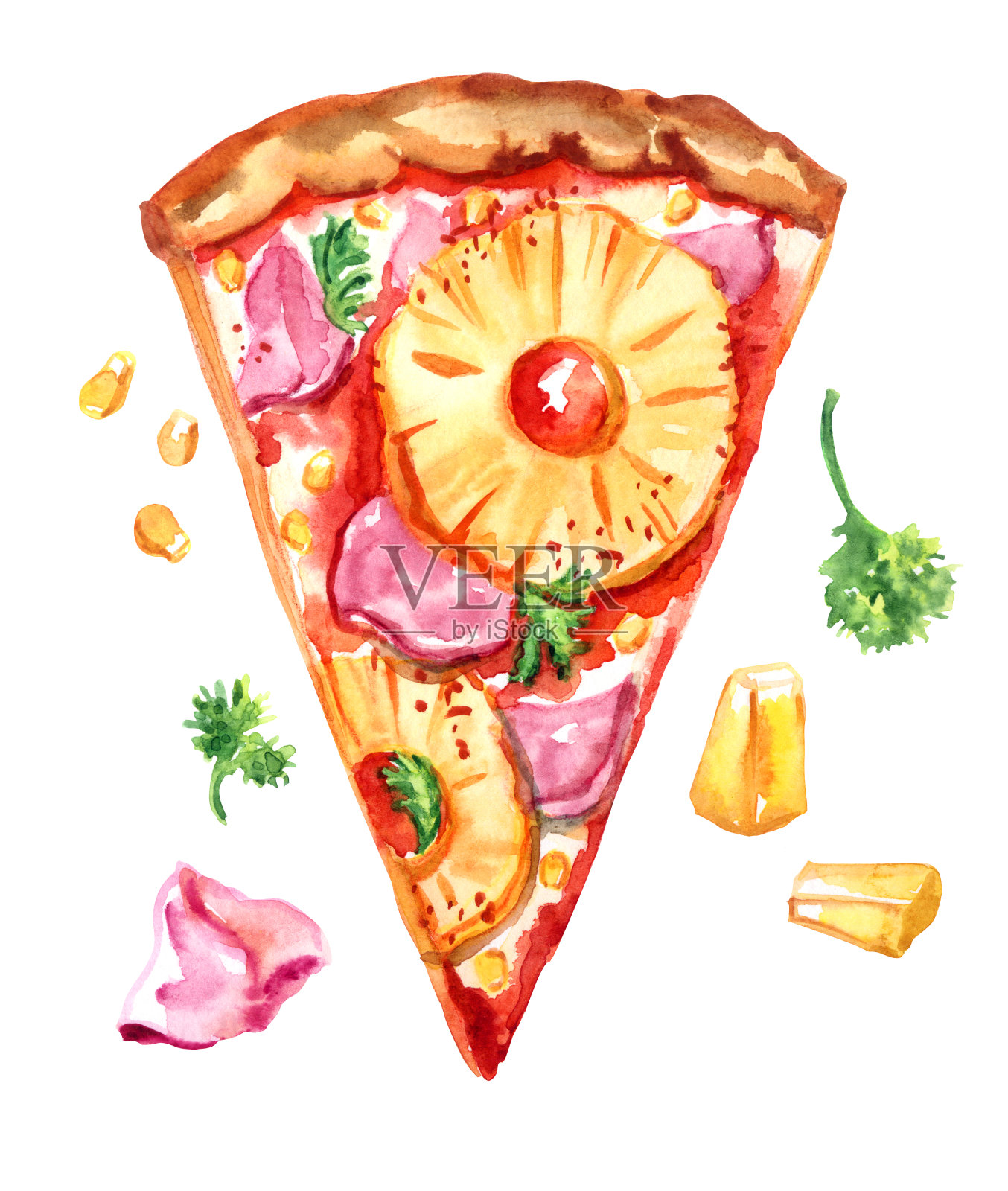 夏威夷披萨，水彩画设计元素图片
