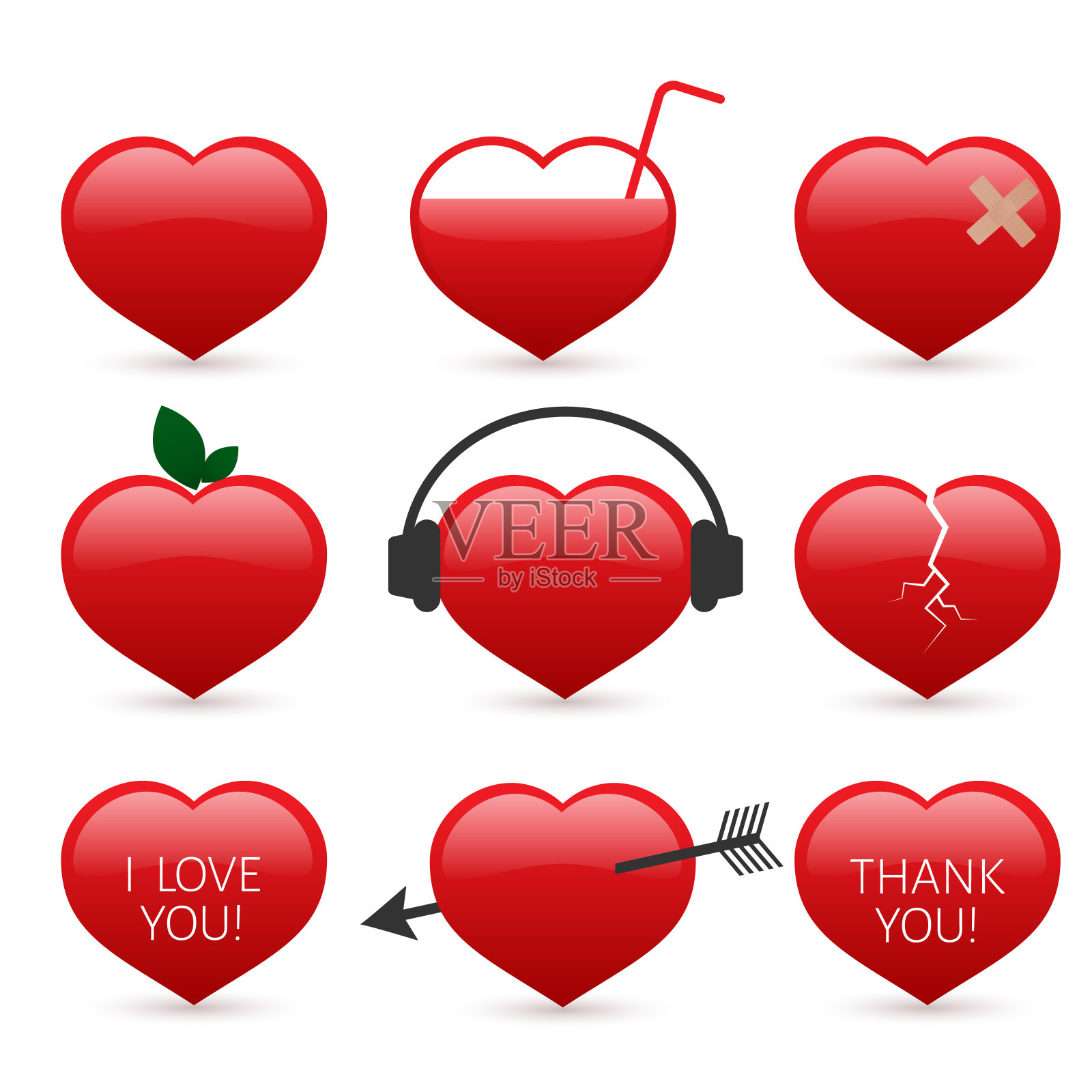一套九个红心图标孤立在白色背景。情人节矢量集。爱情故事的象征。易于编辑设计模板。插画图片素材