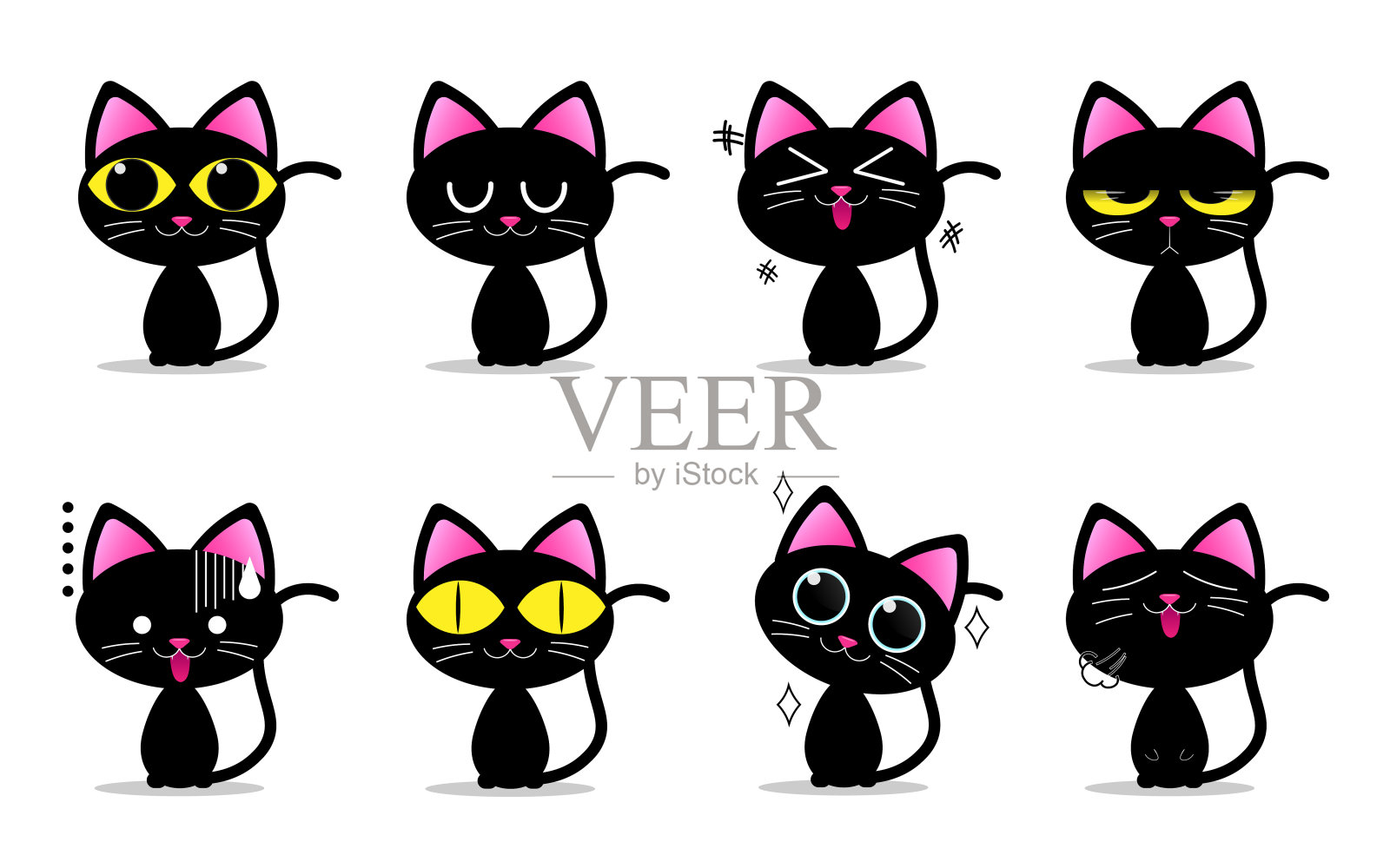 可爱的黑猫角色与不同的情感，矢量插图插画图片素材