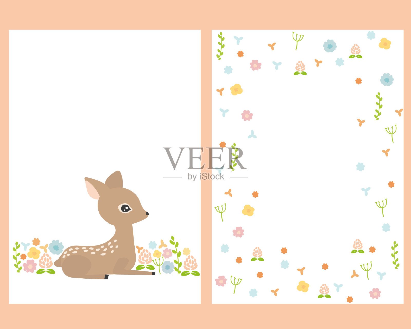可爱的贺卡与有趣的小鹿在花草地和鲜花。插画图片素材