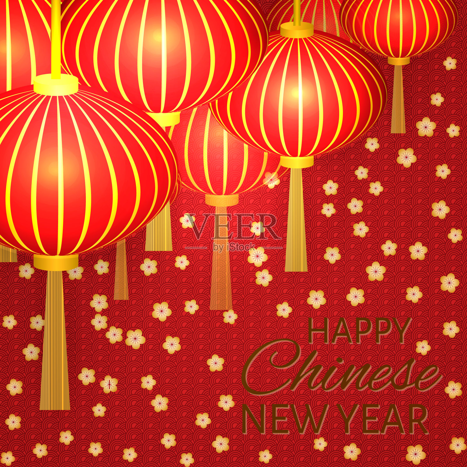 中国新年矢量插图与传统灯笼和樱花。易于编辑您的项目设计模板。可作为贺卡、背景、请柬等。插画图片素材