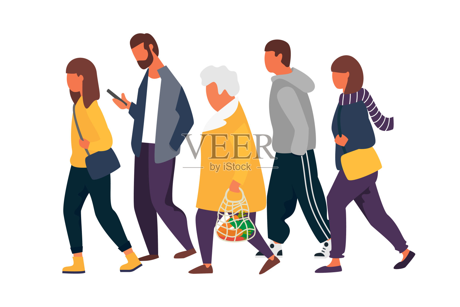 男人和女人的性格。一群穿着秋衣的人在散步。矢量图插画图片素材
