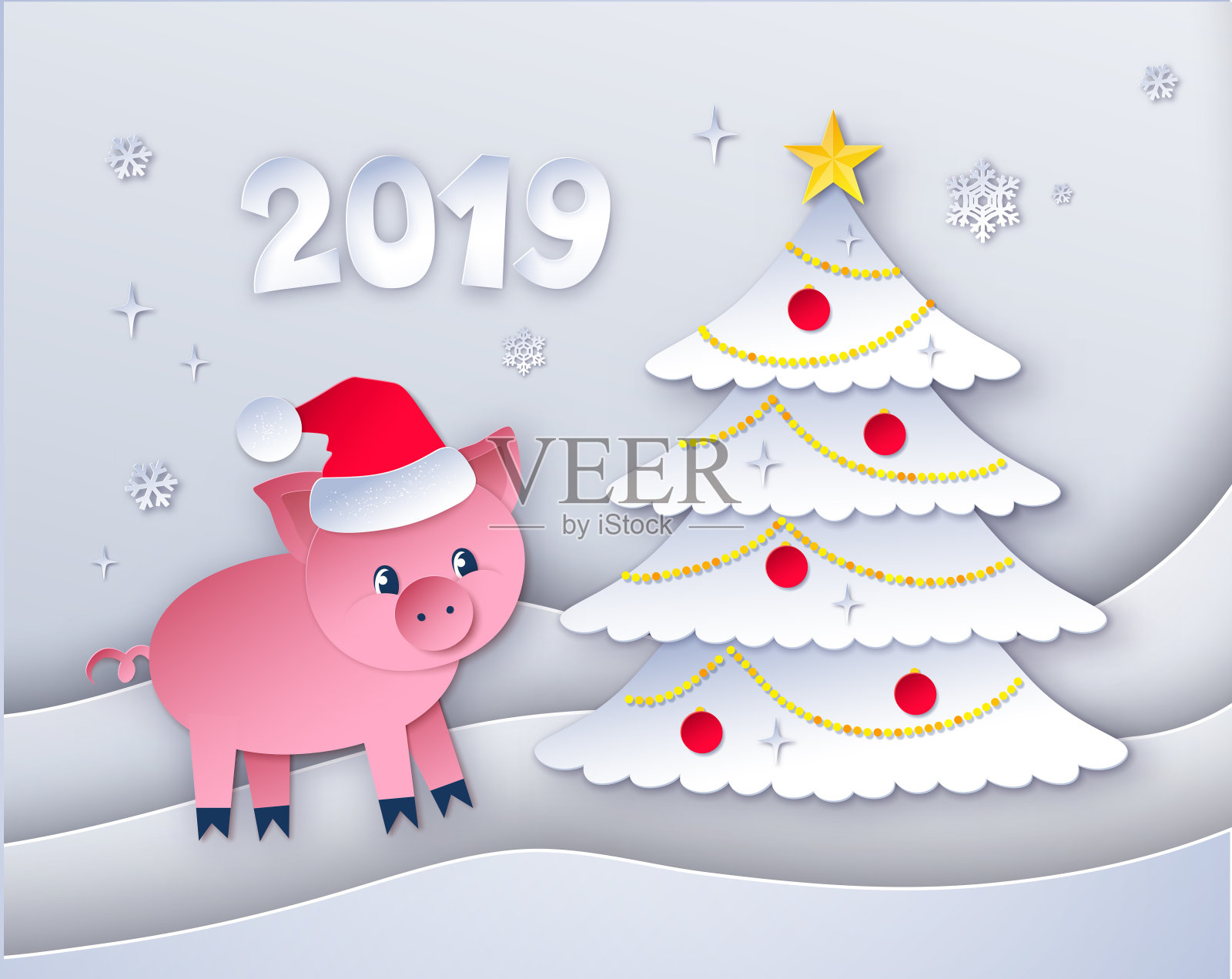 新年树和可爱猪的性格插画图片素材