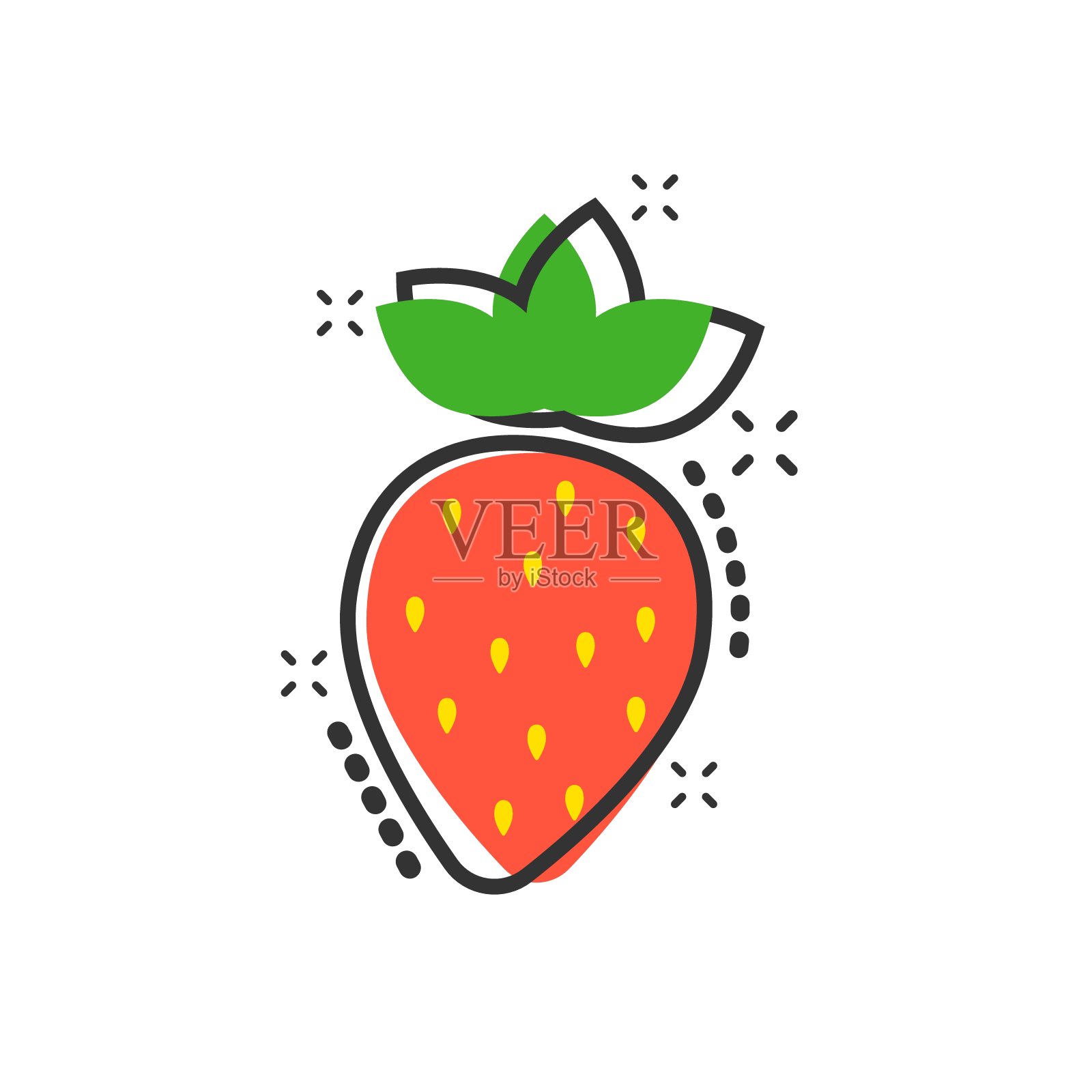 矢量卡通草莓水果在漫画风格图标。熟果标志插图象形文字。草莓经营喷溅效应概念。插画图片素材