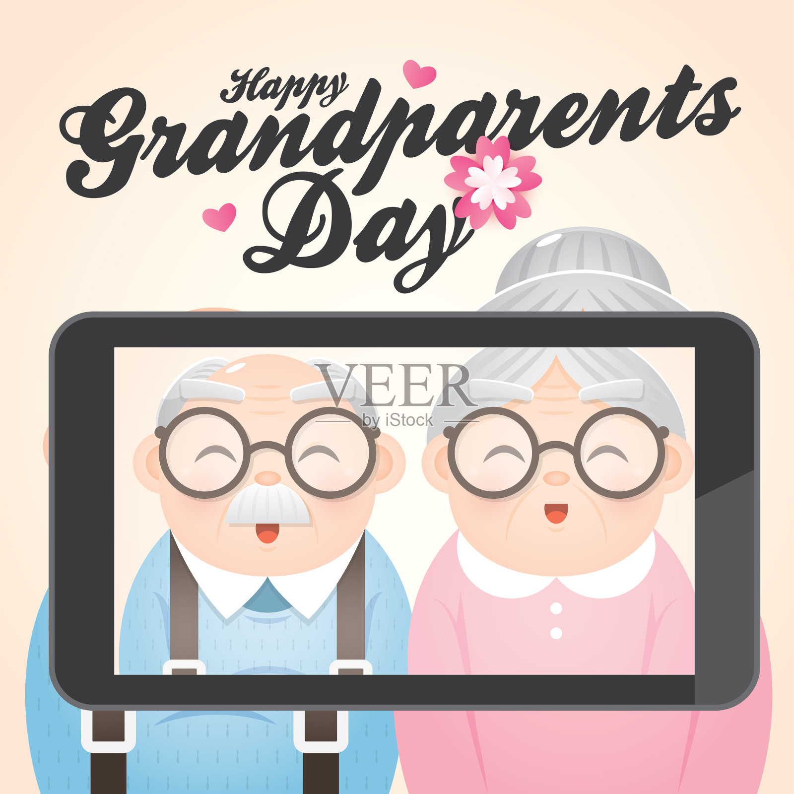快乐的爷爷奶奶节问候向量与微笑的爷爷和奶奶拍照的电话。设计模板素材
