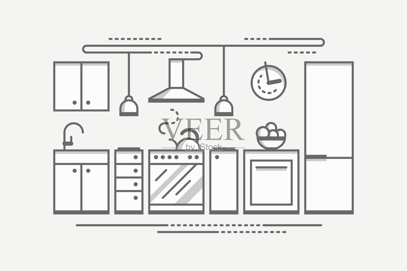 单色厨房室内设计。平面风格矢量插图插画图片素材