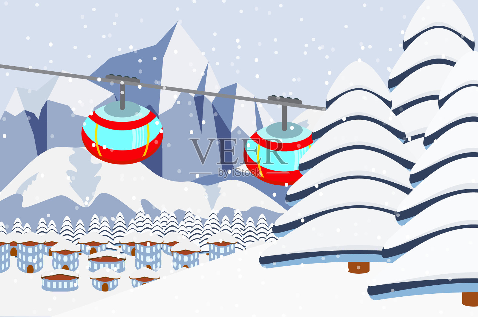 滑雪场背景，卡通矢量插图。可爱的红色缆车，冷杉树，小村庄和阿尔卑斯山脉与飘落的雪。插画图片素材