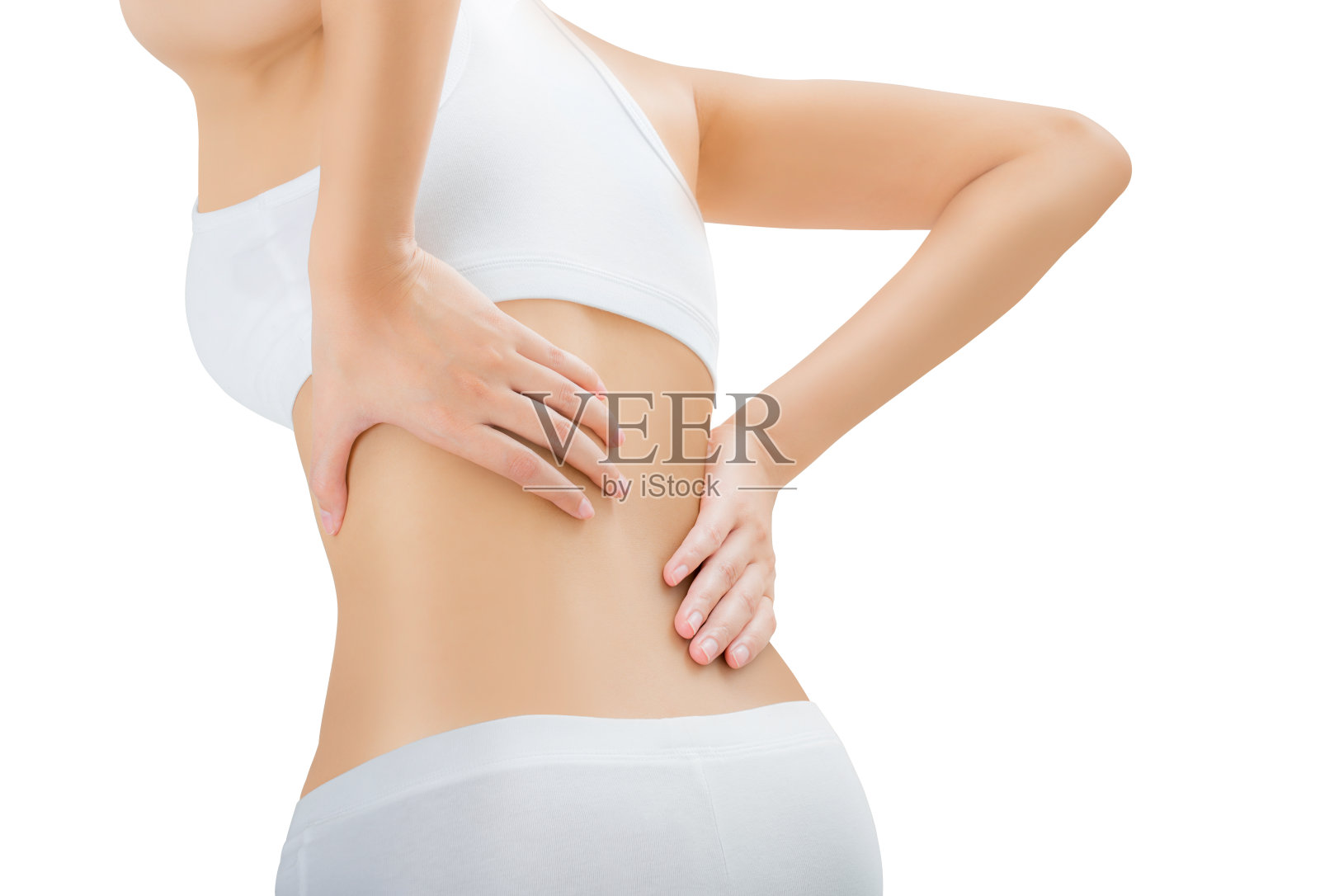 女性摆出完美健康的身材，按摩背部疼痛部位，孤立在白色背景上。照片摄影图片