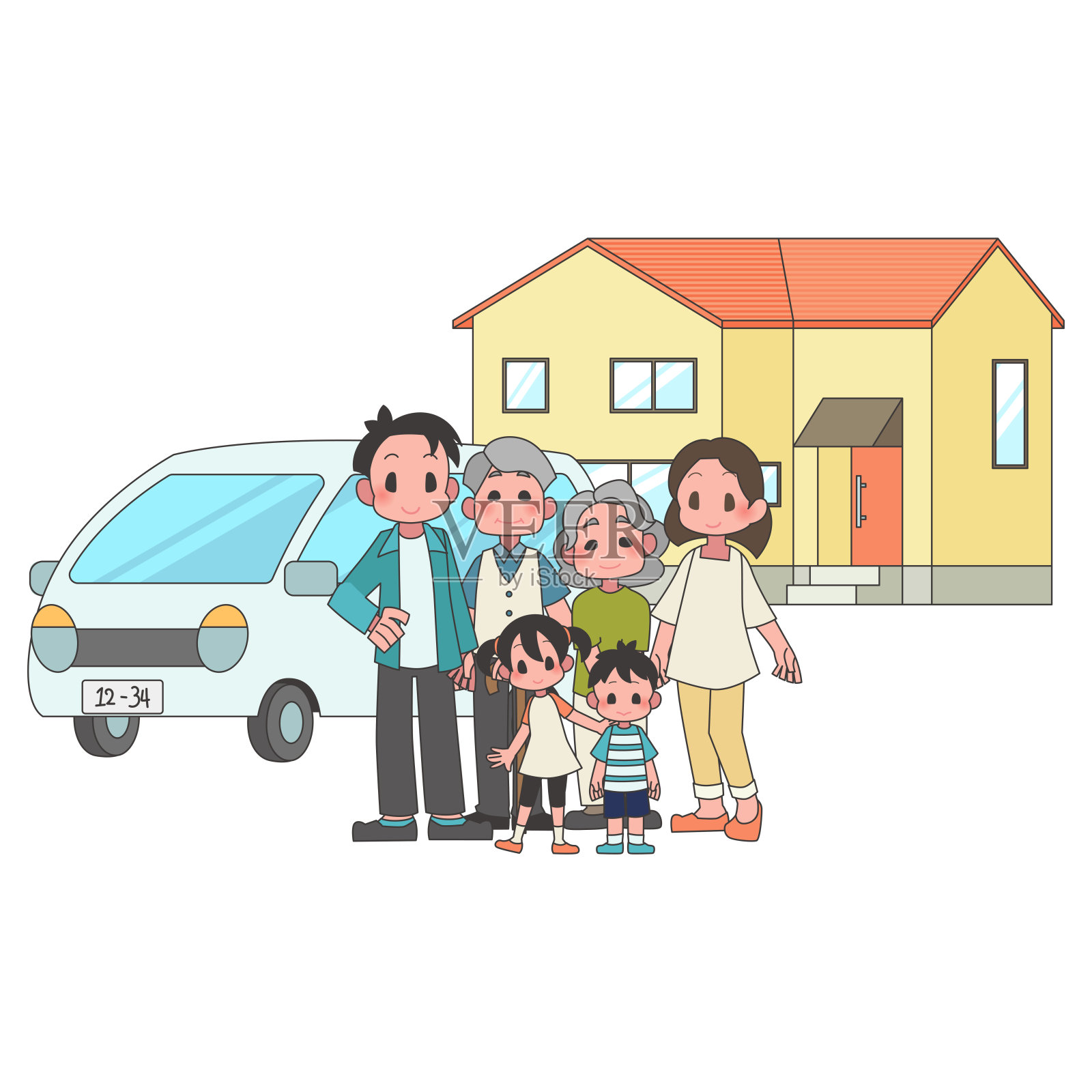 三代家庭、汽车、房屋插图插画图片素材