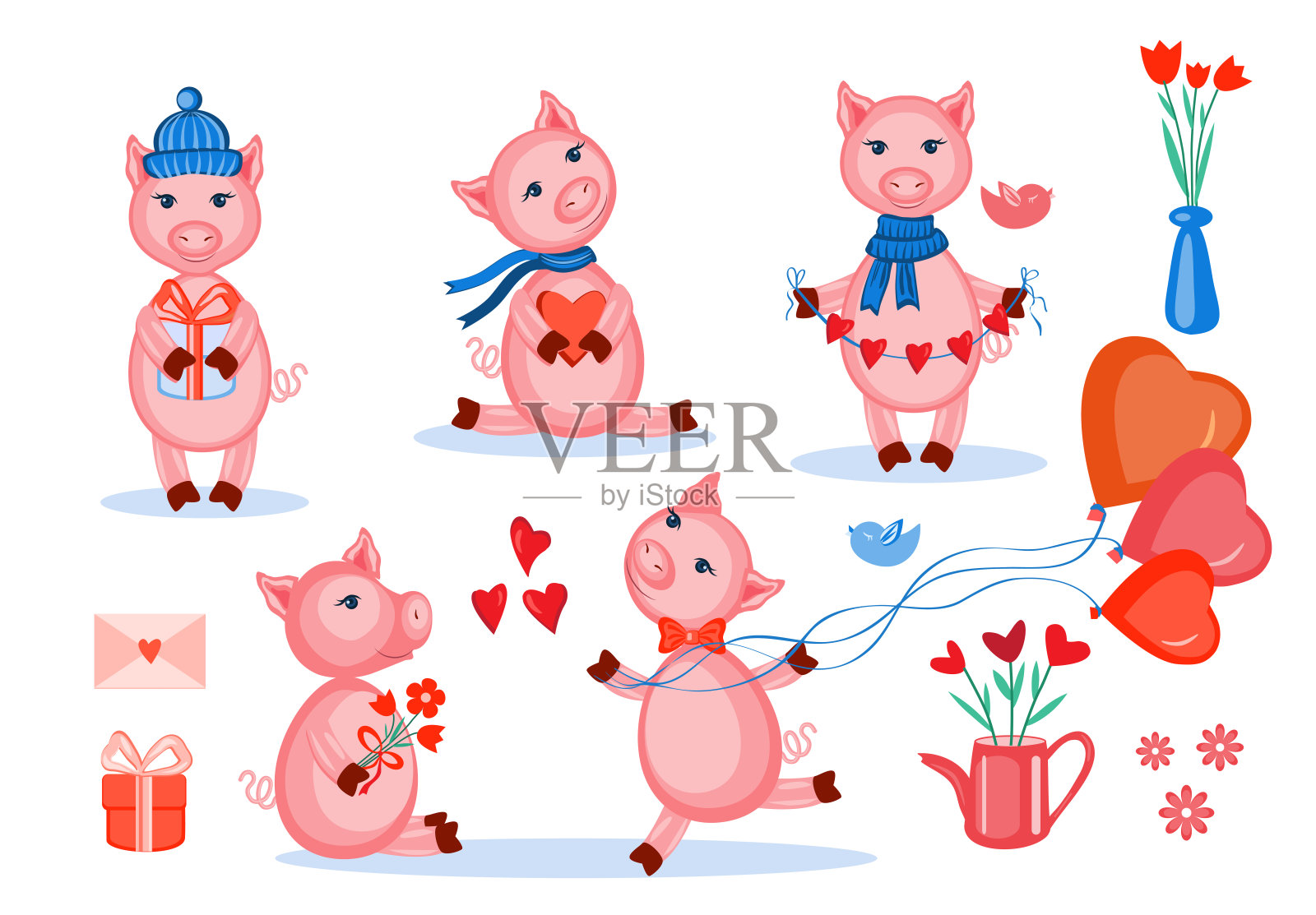 爱猪矢量集儿童卡通动物姿势，家养可爱的猪孤立在白色，农民动物，字符设计贺卡，儿童邀请，字母表的创造，情人节插画图片素材
