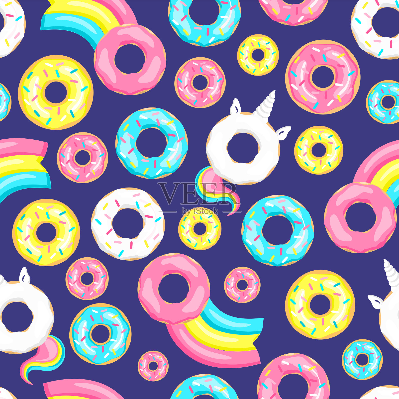 甜甜圈独角兽配白釉和彩虹尾巴，甜甜圈粉、蓝薄荷和柠檬黄，甜甜圈彗星配彩虹。无缝模式。矢量图插画图片素材
