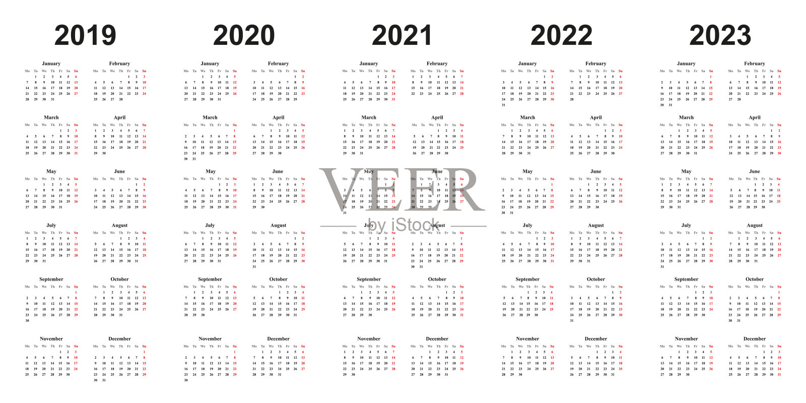 日历2019年、2020年、2021年、2022年、2023年，白色背景，简洁设计设计模板素材