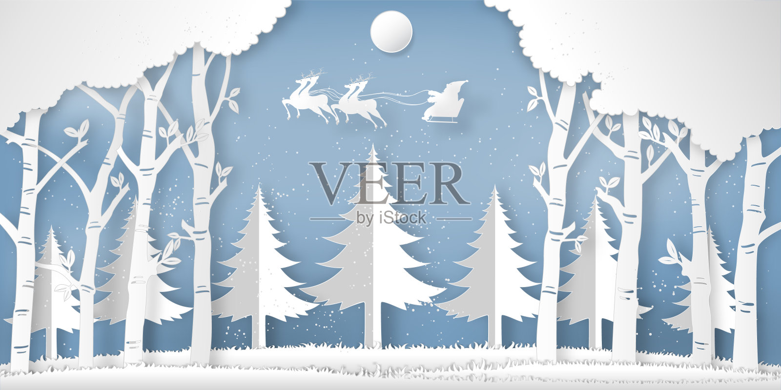 圣诞老人在冬季的天空中以树木、森林和雪作为纸艺术和数字工艺的风格概念。矢量图插画图片素材